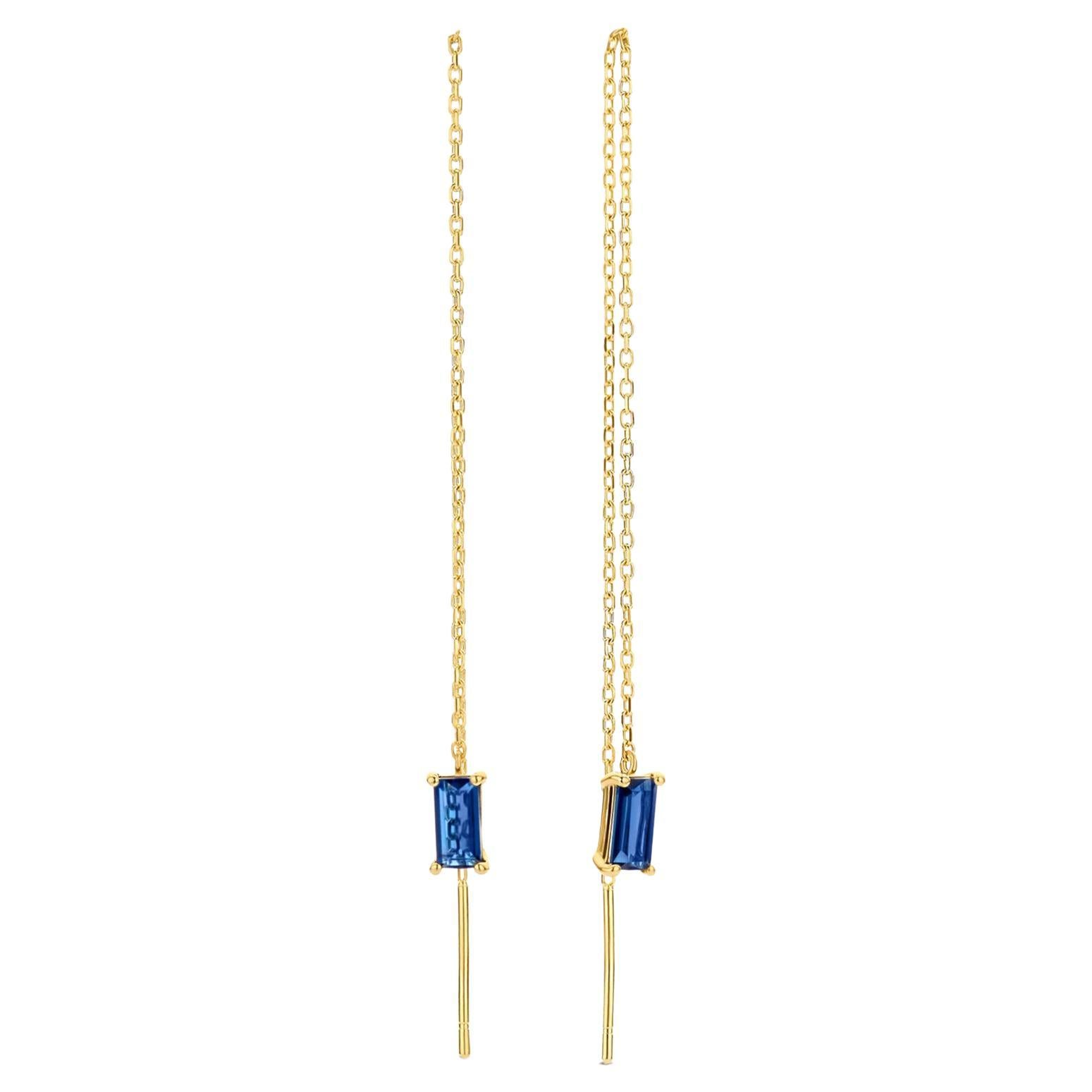 14k Solid Gold Drop Earrings with Blue Sapphire, Chain Gold Earrings For Sale