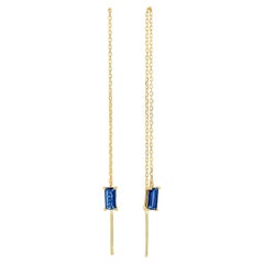 Used 14k Solid Gold Drop Earrings with Blue Sapphire, Chain Gold Earrings