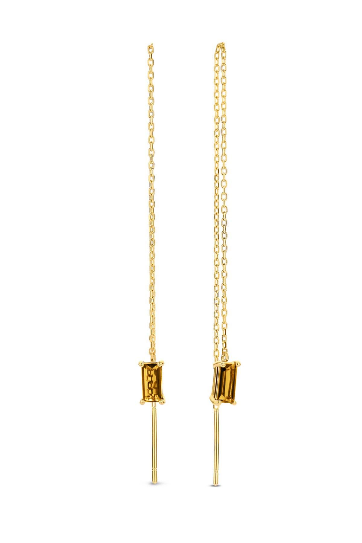 Modern 14k Solid Gold Drop Earrings with Citrine, Chain Gold Earrings For Sale