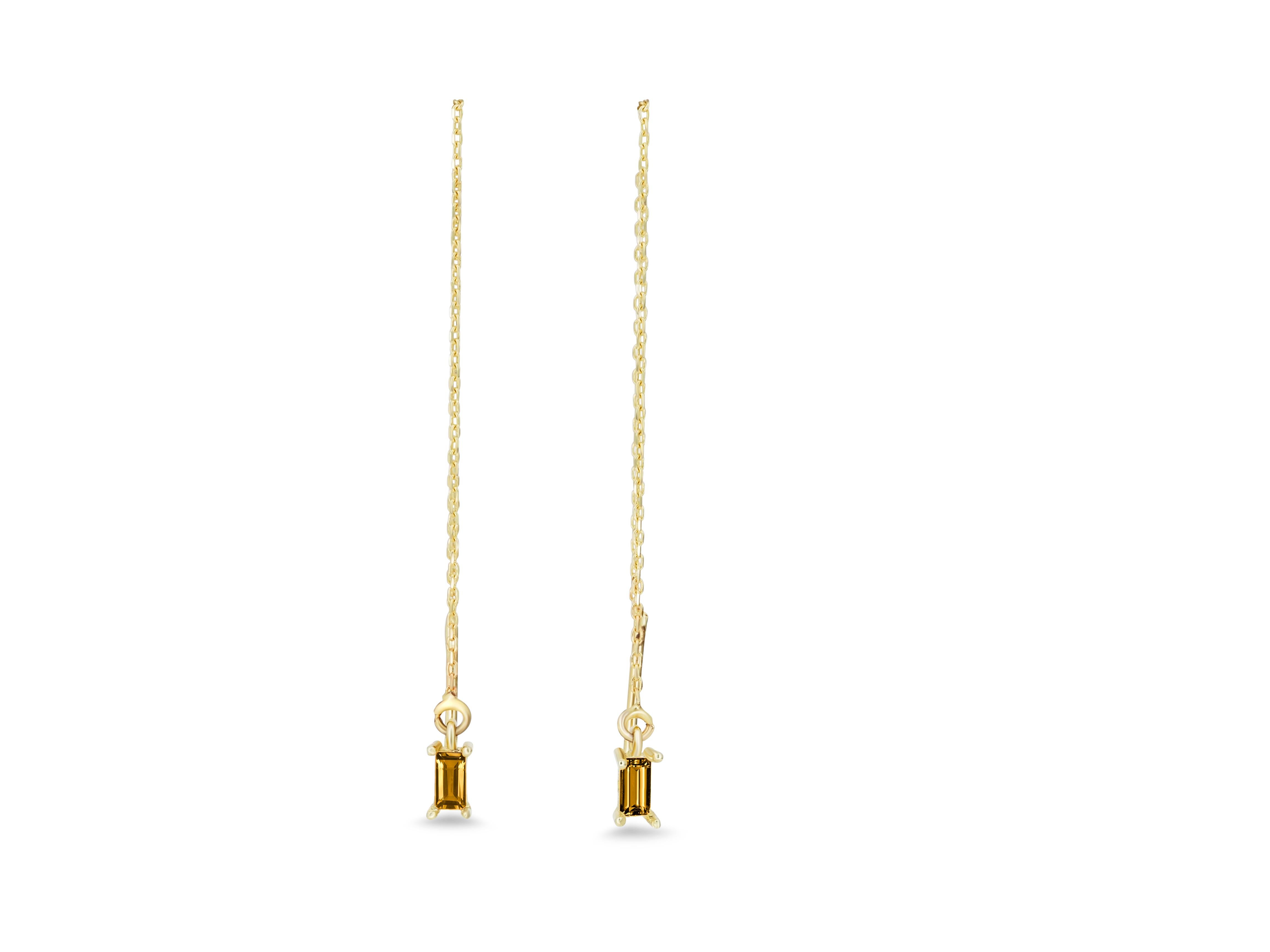 Baguette Cut 14k Solid Gold Drop Earrings with Citrine, Chain Gold Earrings For Sale