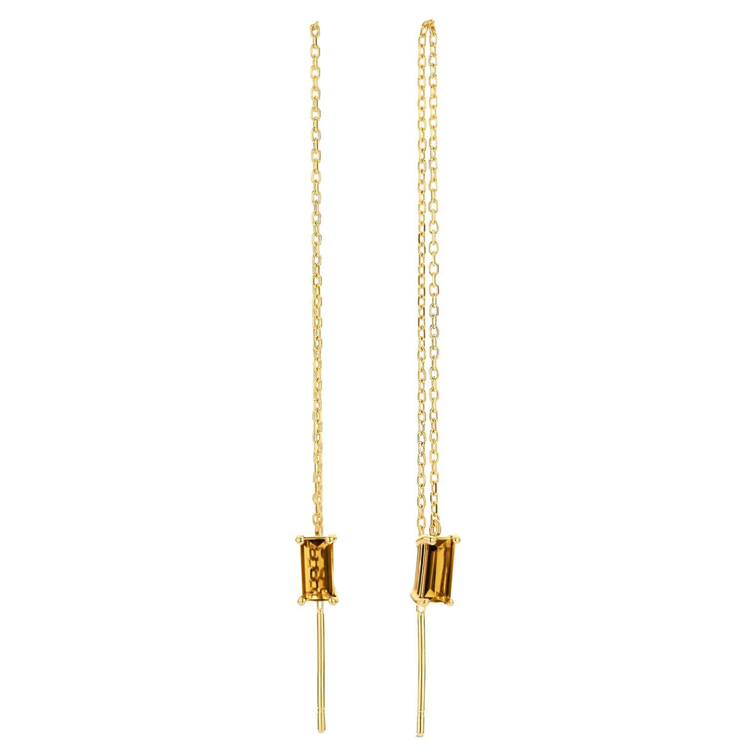 14k Solid Gold Drop Earrings with Citrine, Chain Gold Earrings