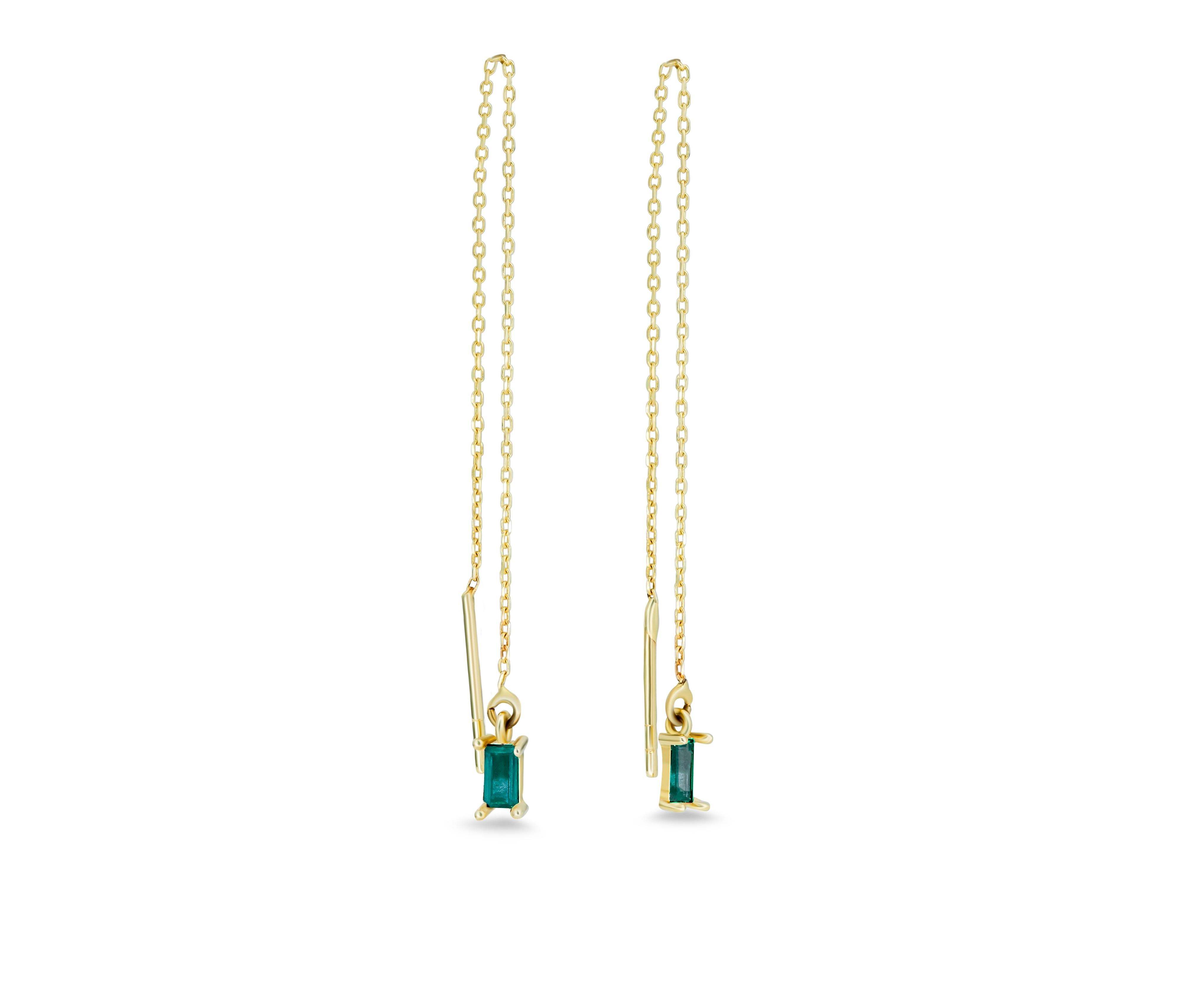 14k Solid Gold Drop Earrings with emerald. 
Chain Gold Earrings. Emerald Drop Gold Threaders. Emerald gold earrings. Baguette earrings.

Metal: 14 karat gold
Weight: 0.8-0.9 g.
Size: 6.5-6.8 sm.

Central stones: Natural emeralds 2 pieces
Cut: