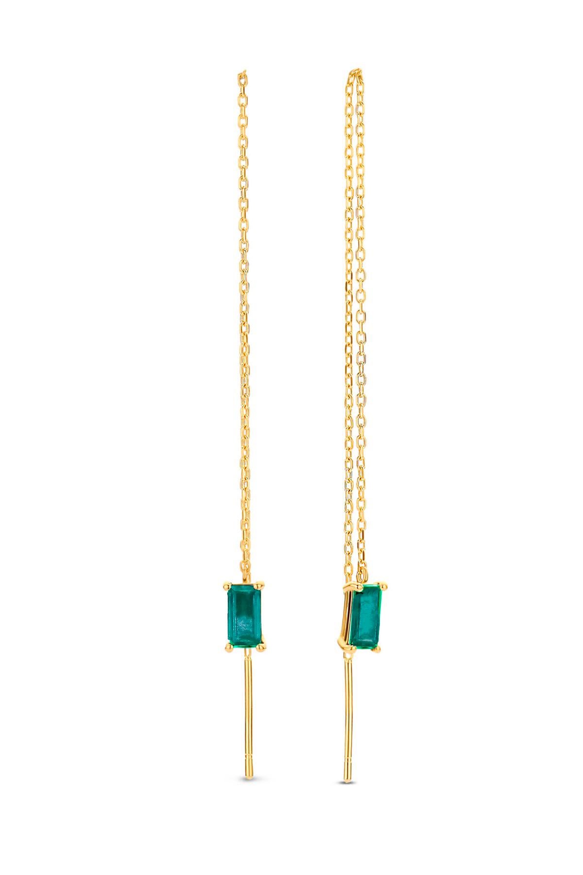Modern 14k Solid Gold Drop Earrings with emerald.  For Sale