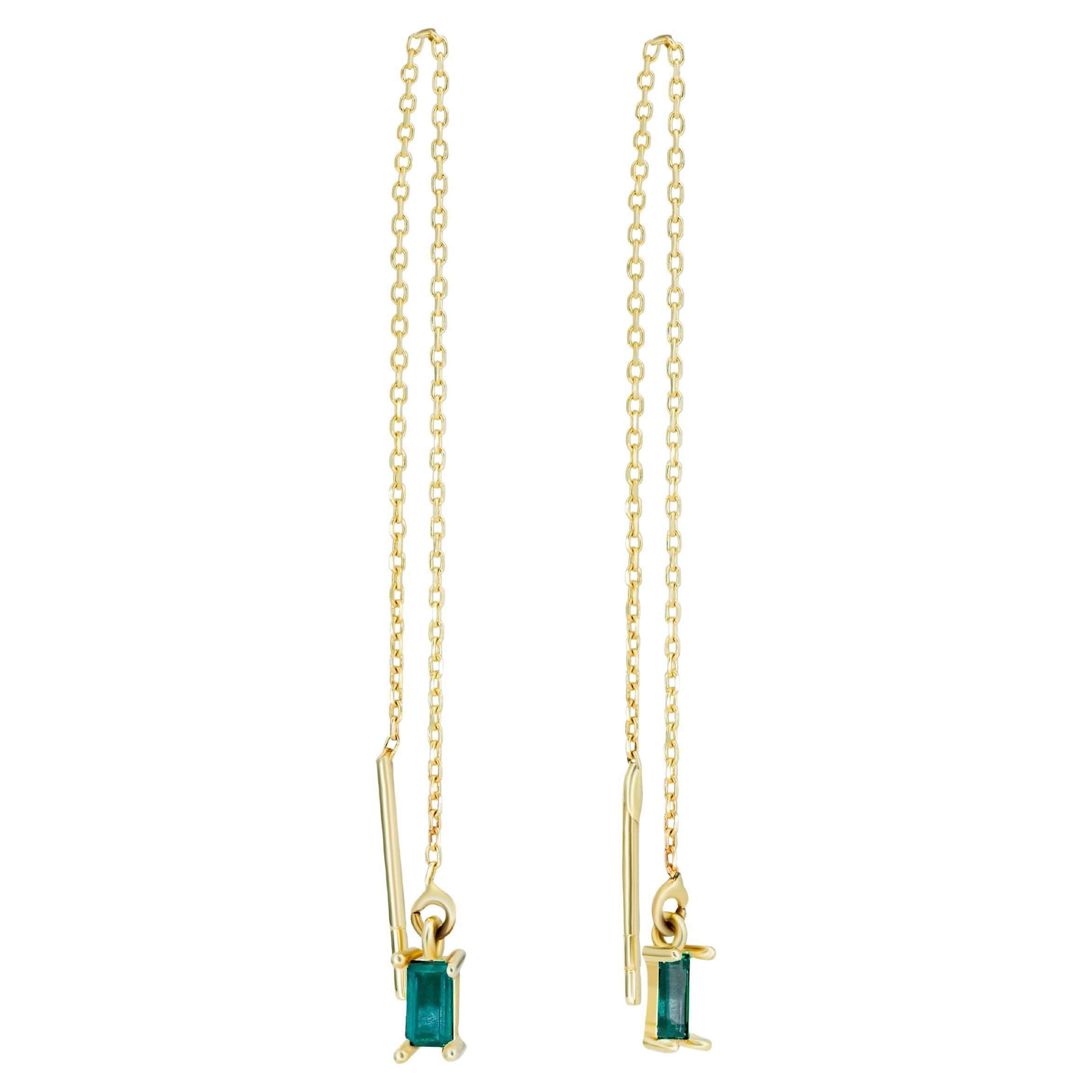 14k Solid Gold Drop Earrings with emerald. 