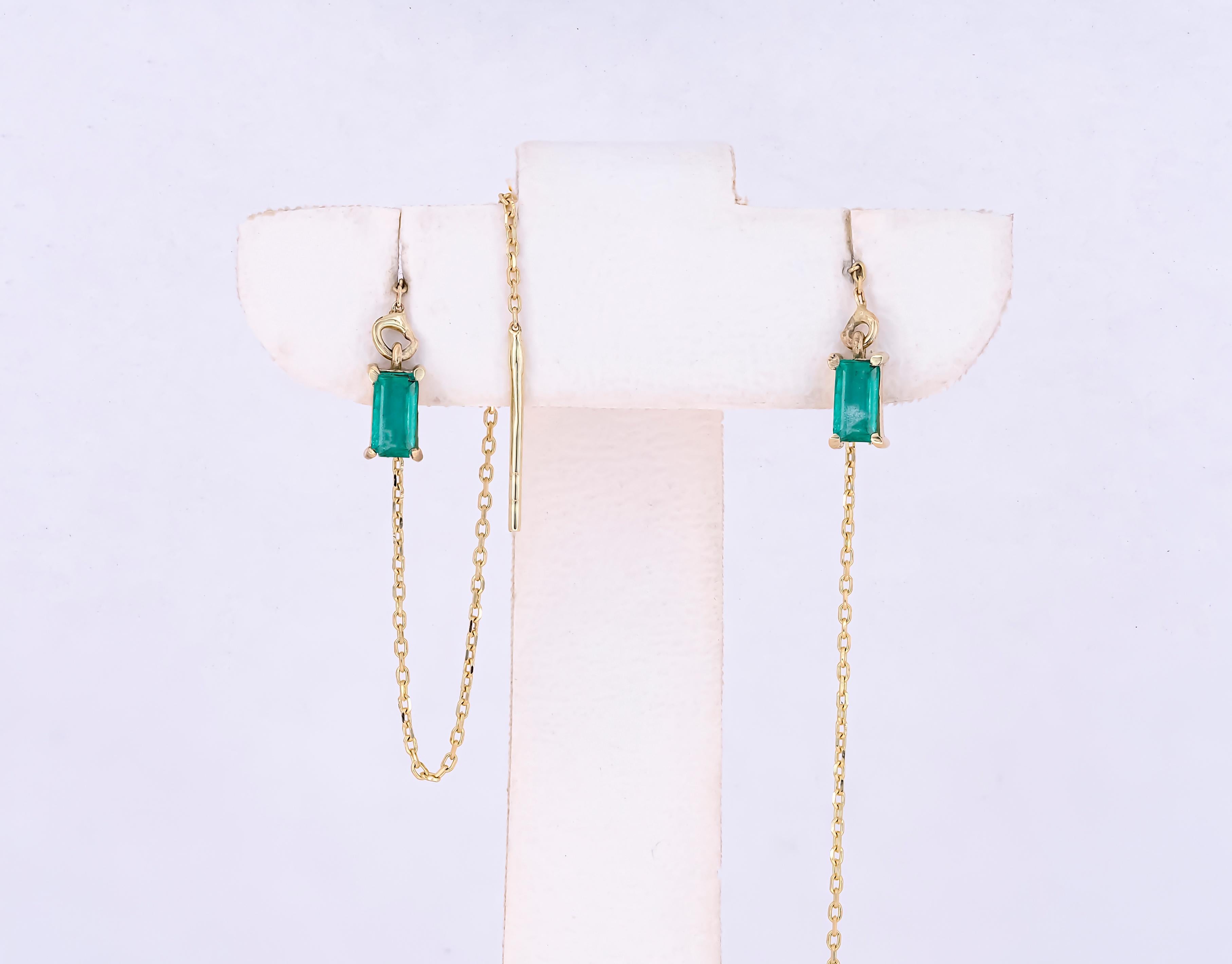 14k Solid Gold Drop Earrings with emeralds.  Chain Gold Earrings For Sale 4