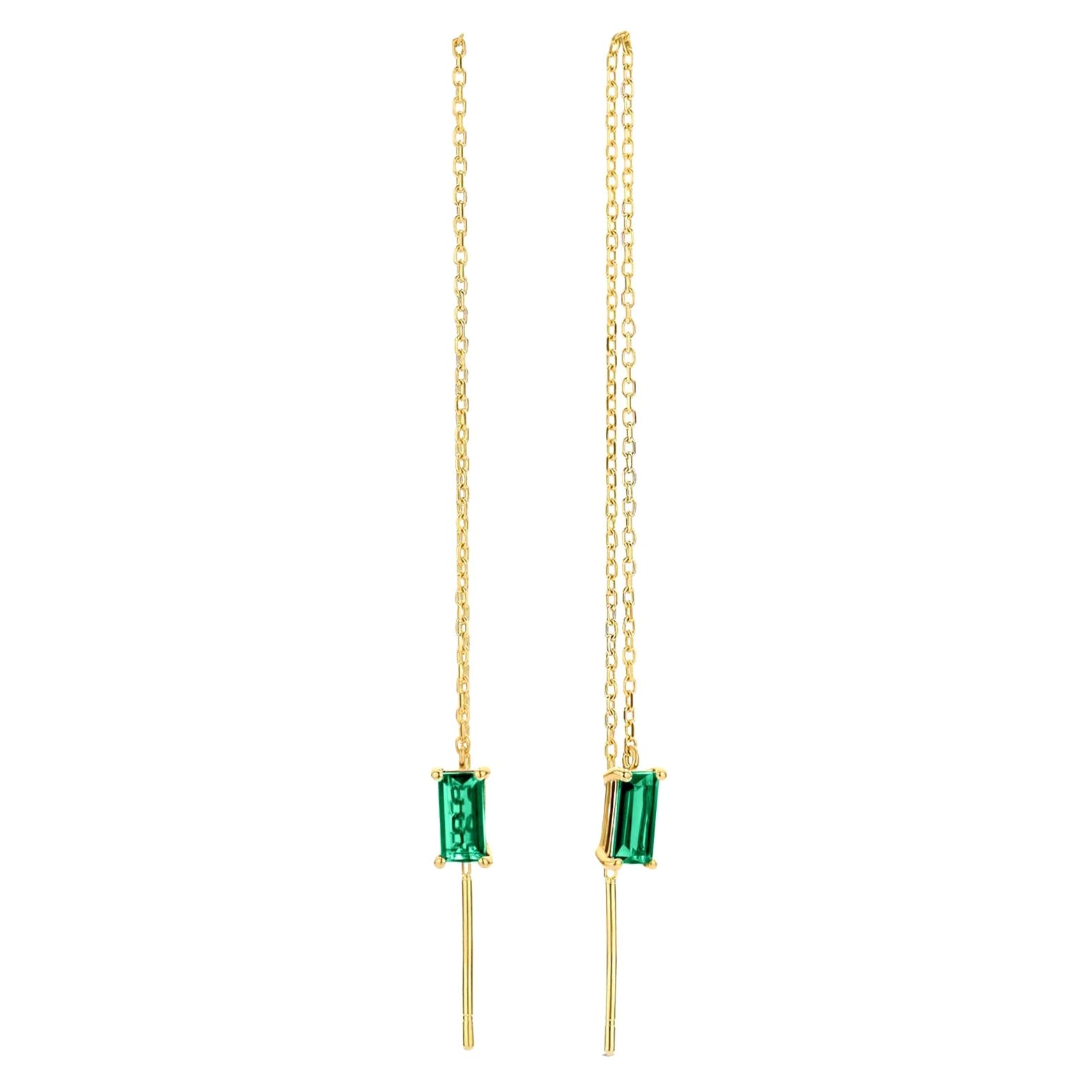 14k Solid Gold Drop Earrings with Emeralds, Chain Gold Earrings For Sale 4
