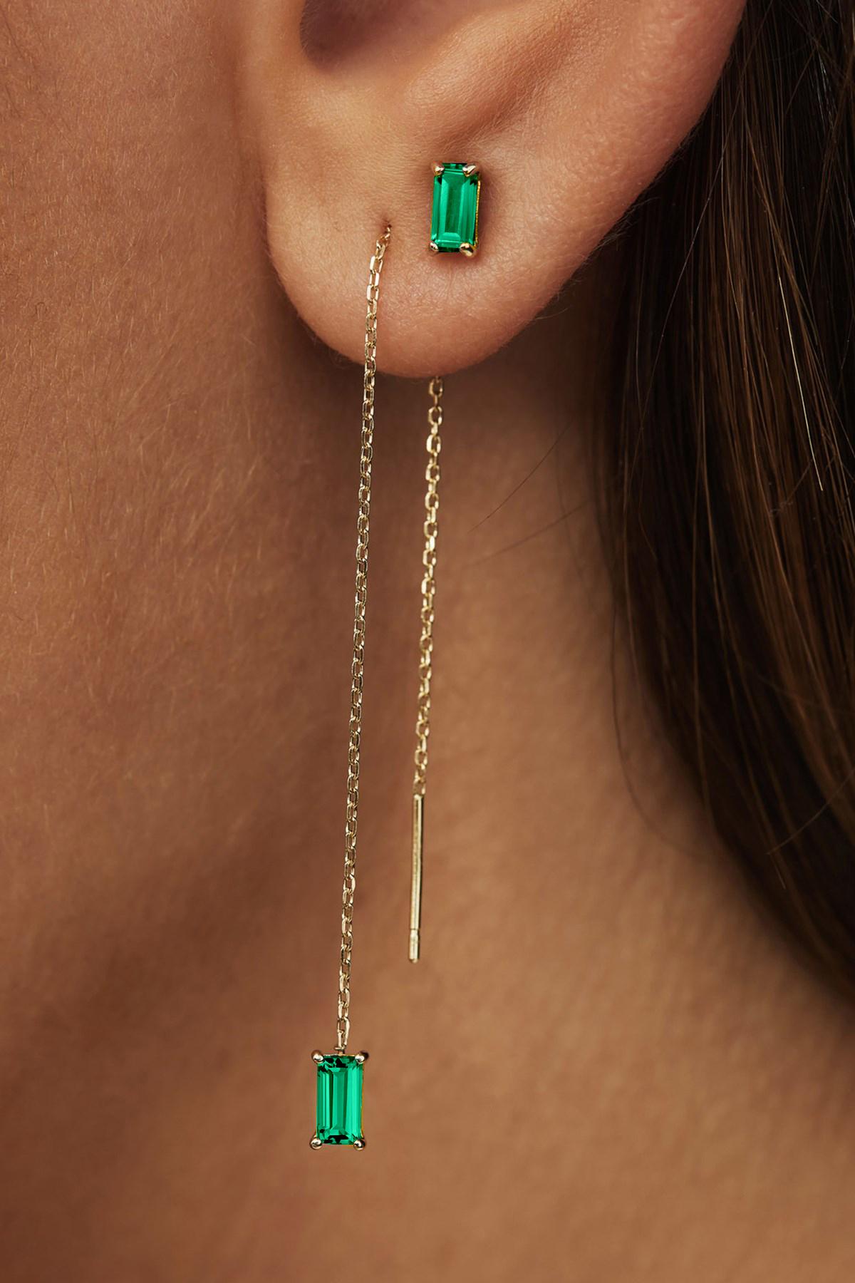 14k Solid Gold Drop Earrings with Emeralds, Chain Gold Earrings For Sale 5