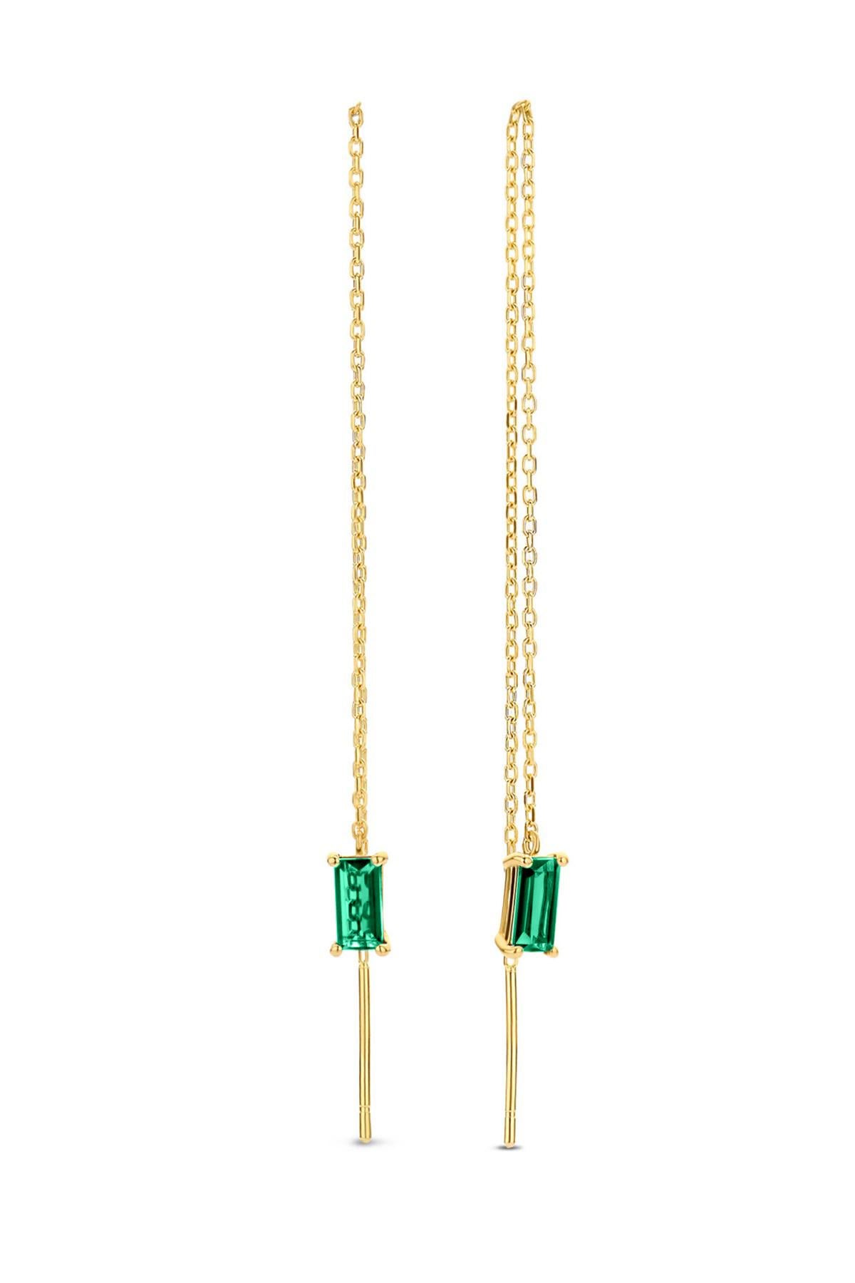14k Solid Gold Drop Earrings with Emeralds, Chain Gold Earrings For Sale 6
