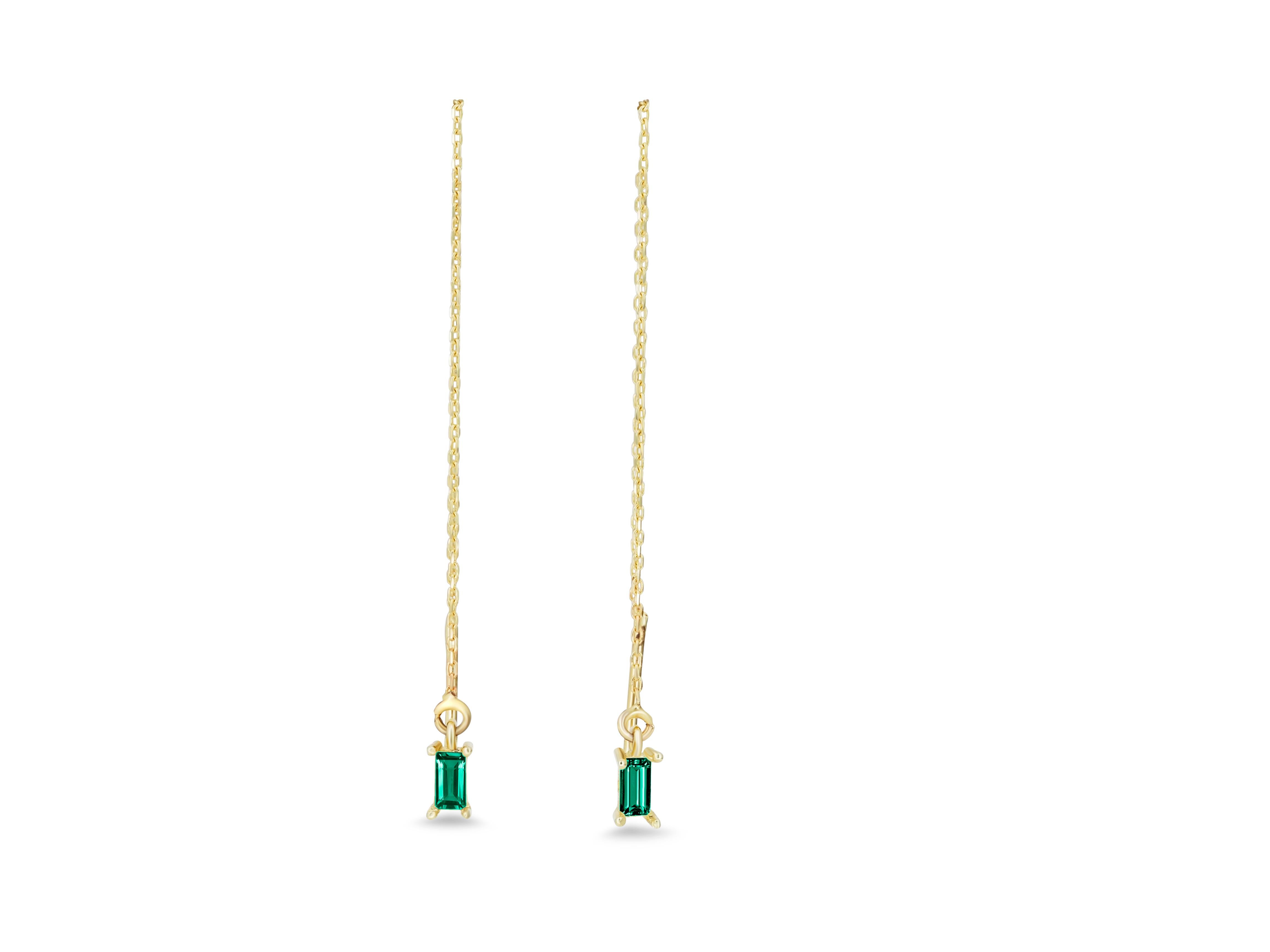 14k Solid Gold Drop Earrings with Emeralds, Chain Gold Earrings For Sale 7