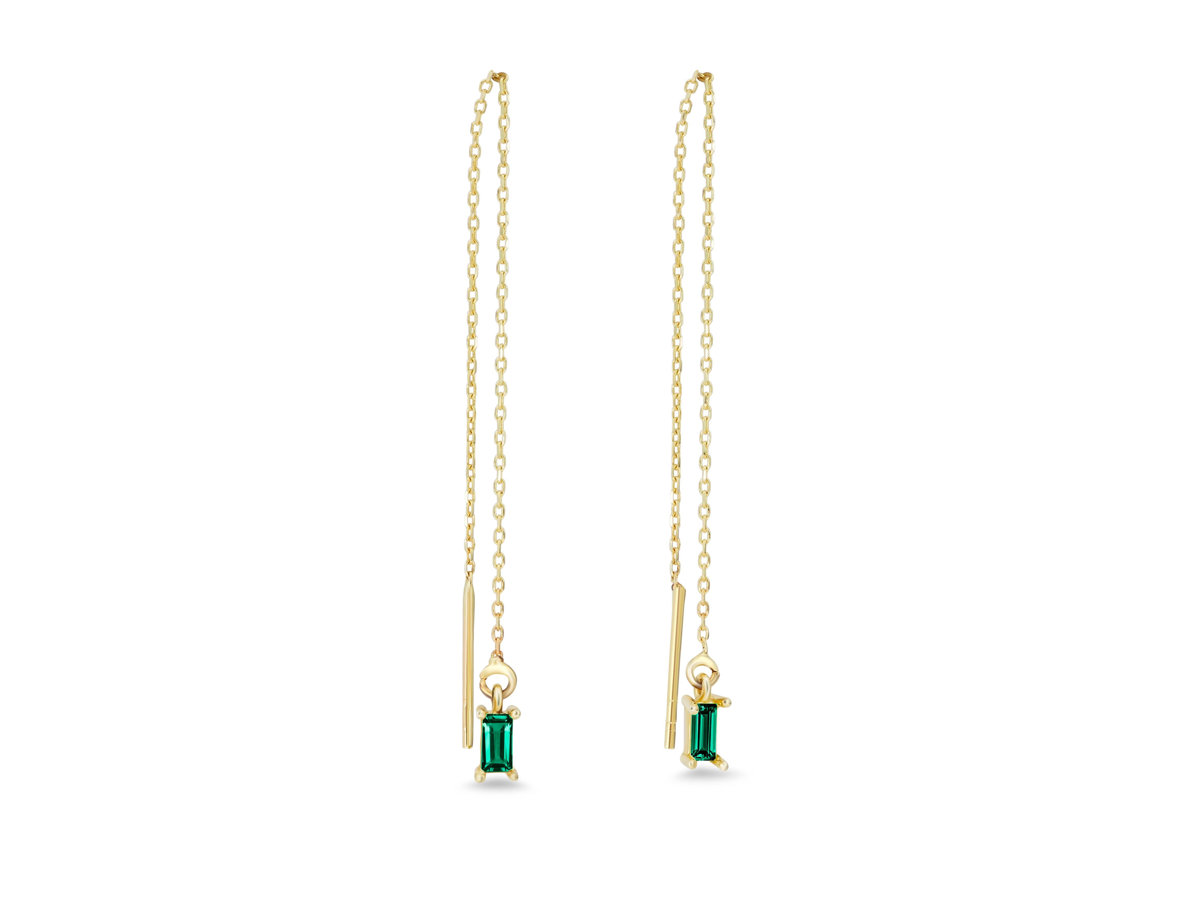 14k Solid Gold Drop Earrings with Emeralds, Chain Gold Earrings For Sale 8