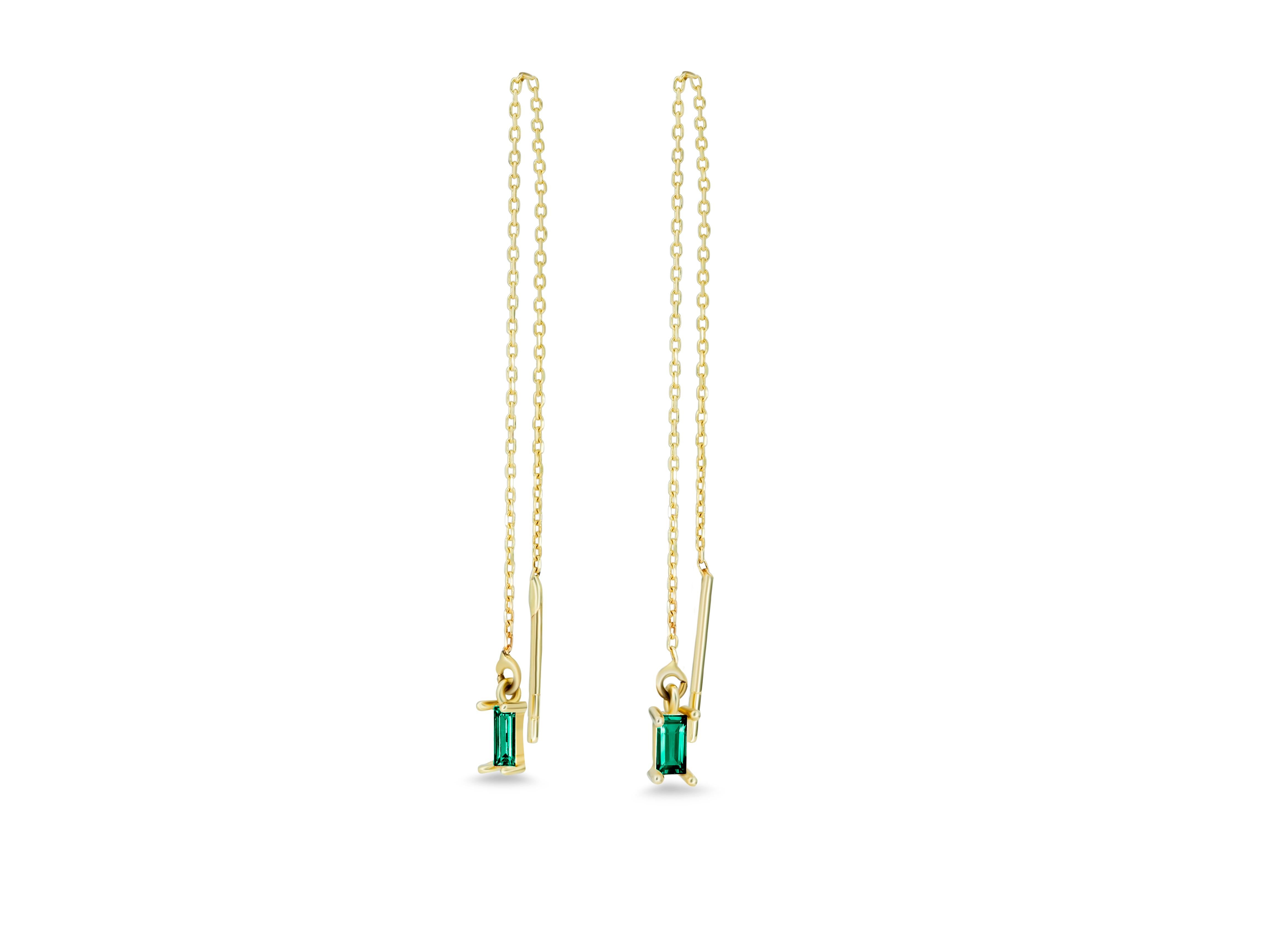 14k Solid Gold Drop Earrings with Emeralds, Chain Gold Earrings For Sale 9