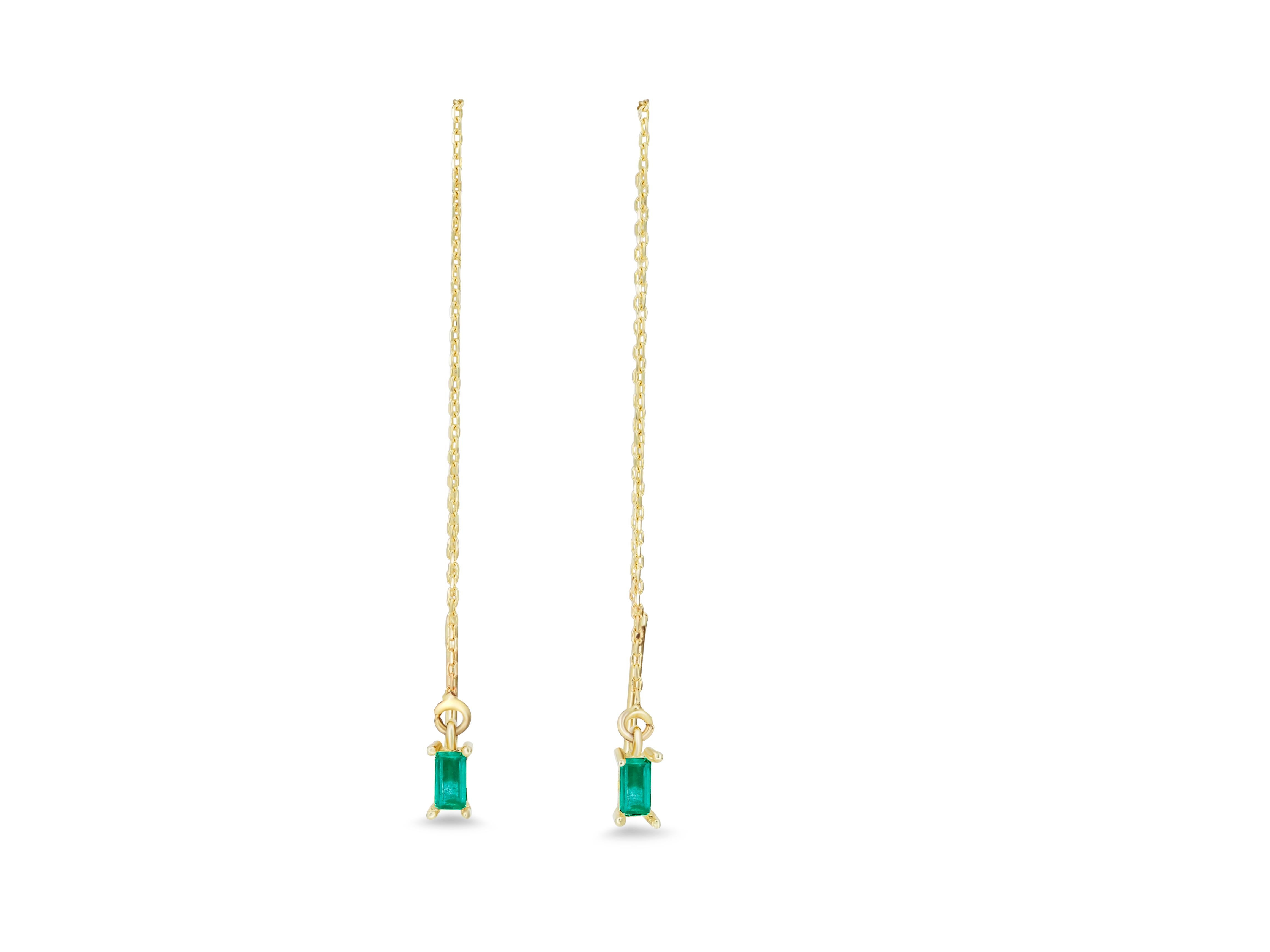 Modern 14k Solid Gold Drop Earrings with emeralds.  Chain Gold Earrings For Sale