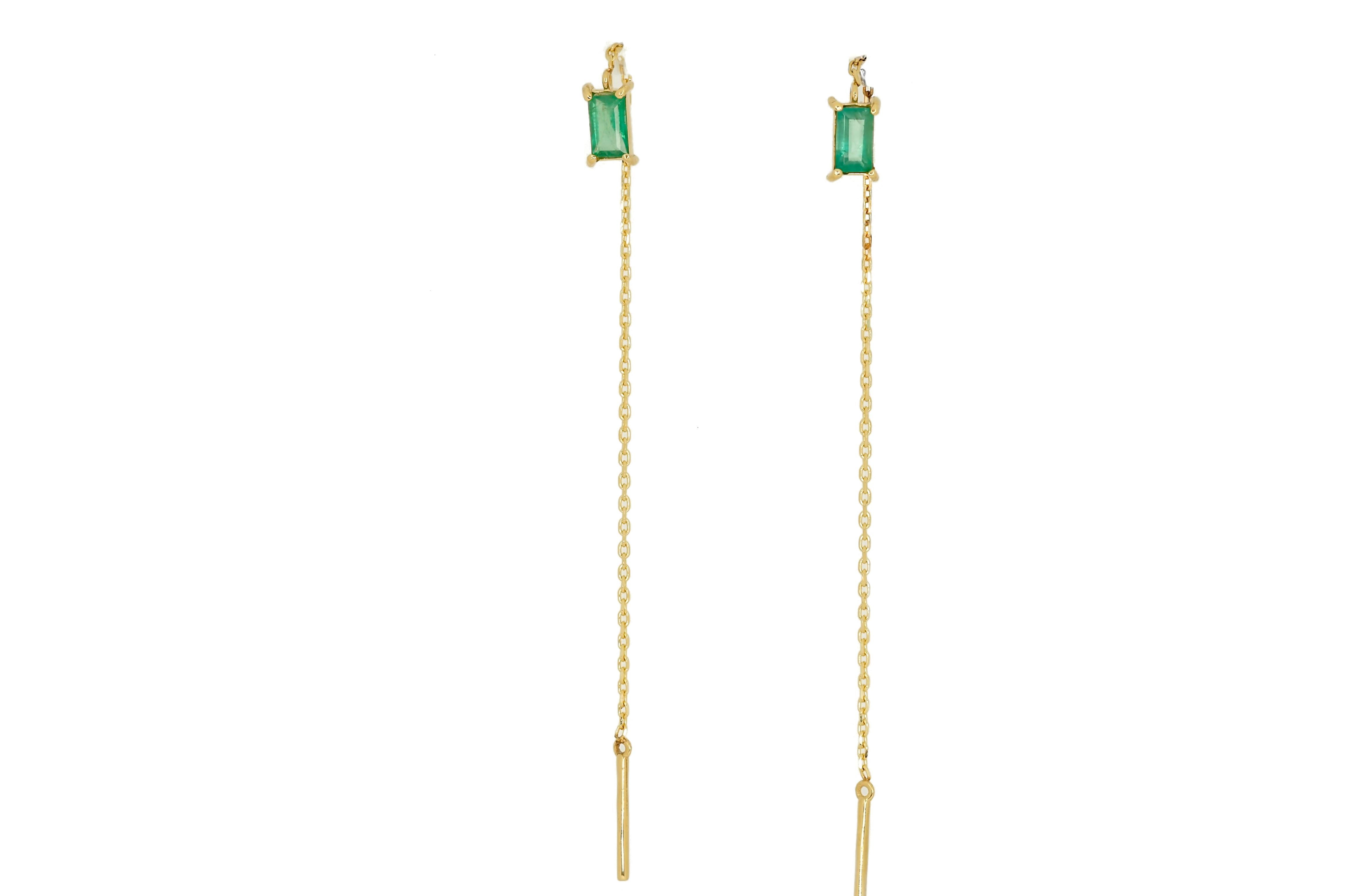 14k Solid Gold Tropfen Ohrringe mit Smaragden.  Kette Gold-Ohrringe (Moderne) im Angebot