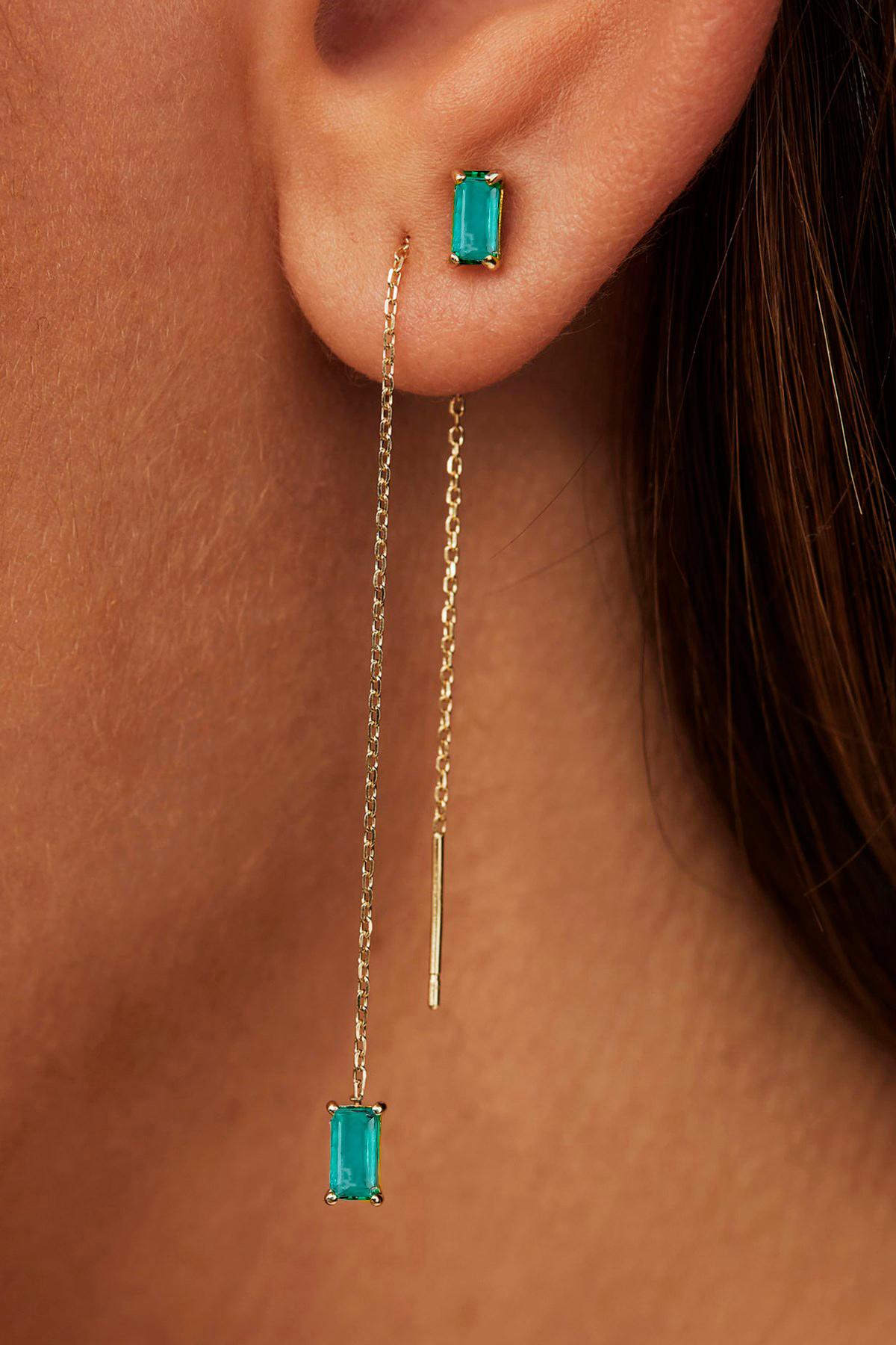 Women's 14k Solid Gold Drop Earrings with emeralds.  Chain Gold Earrings For Sale