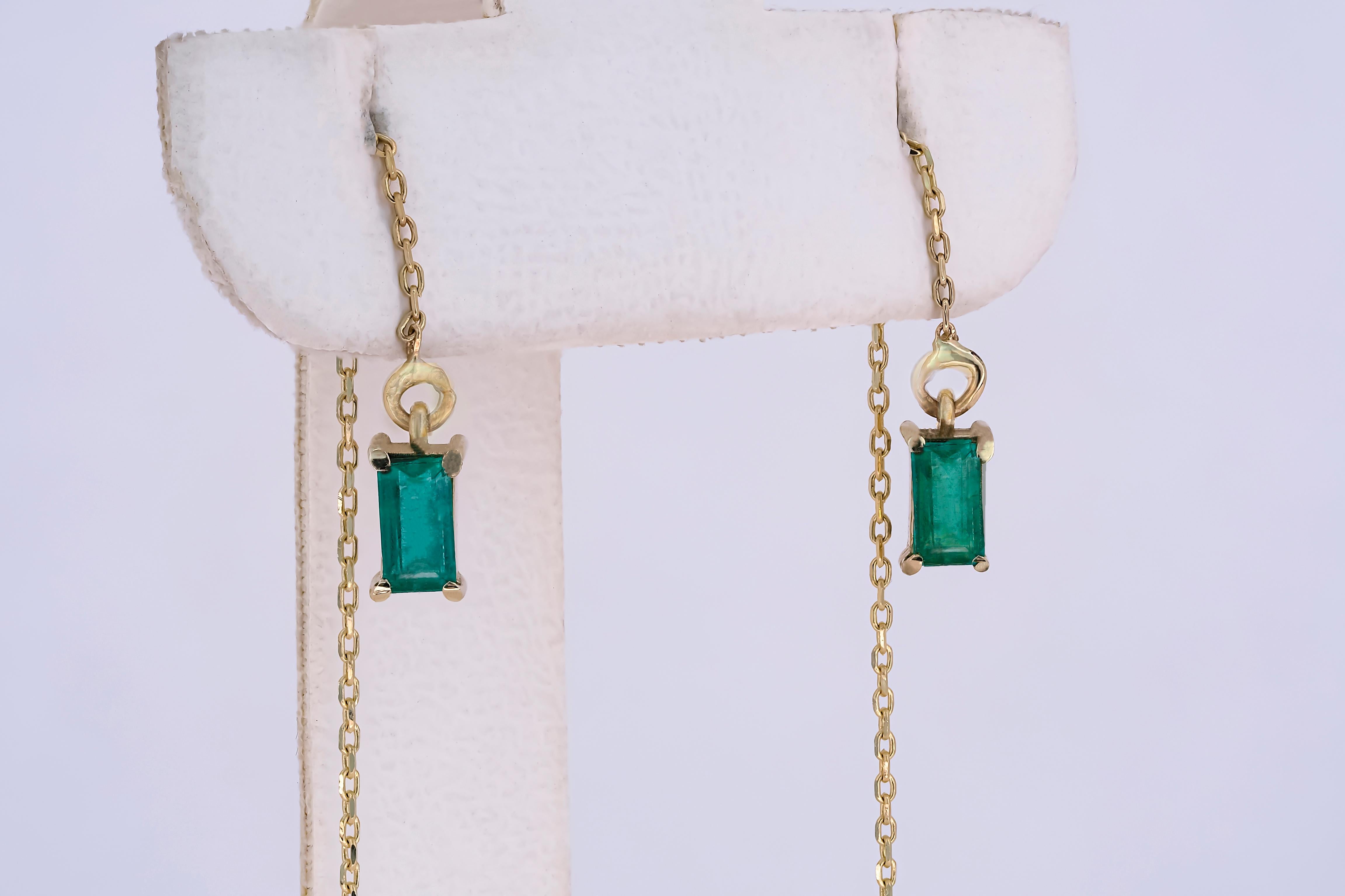 14k Solid Gold Drop Earrings with emeralds.  Chain Gold Earrings For Sale 1