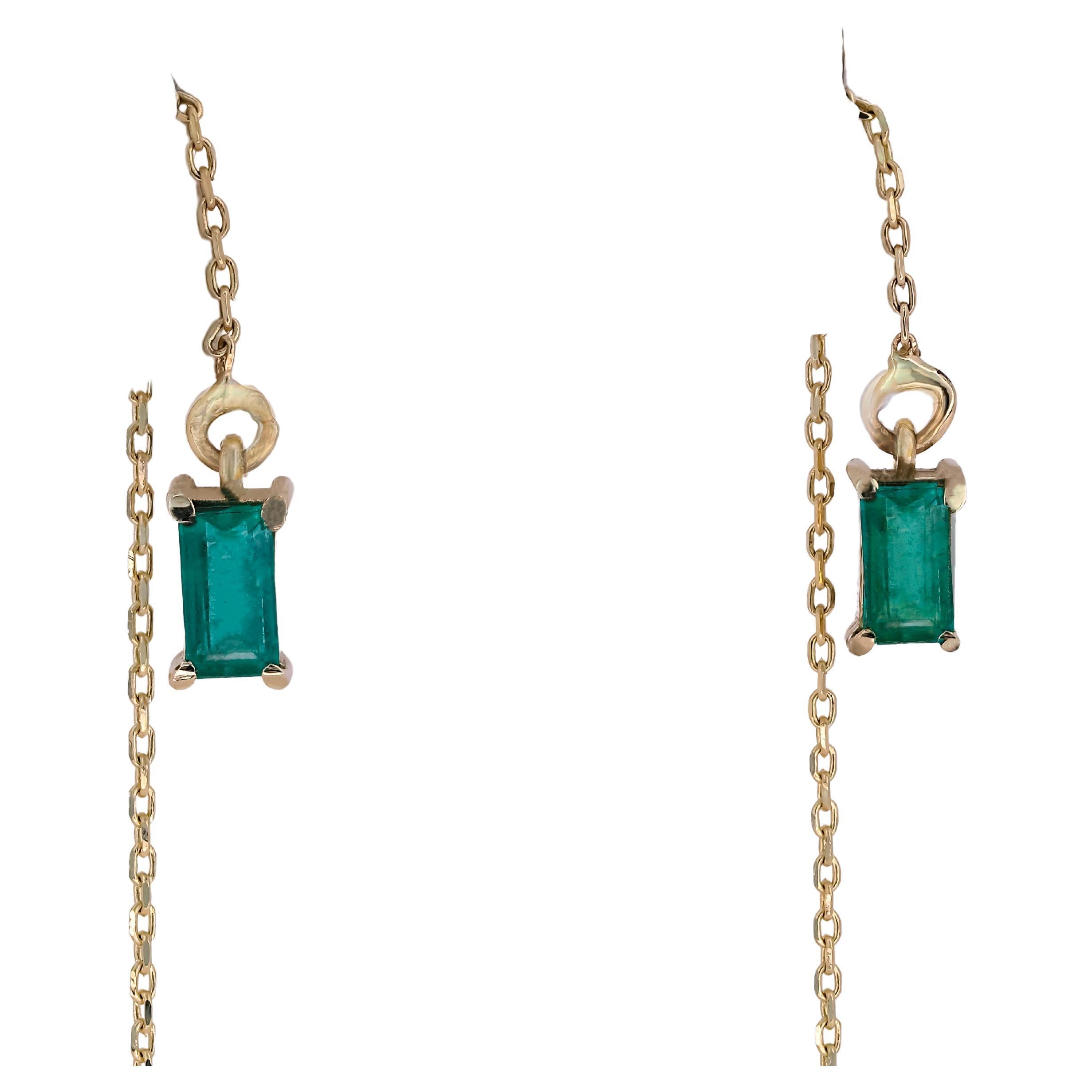 14k Solid Gold Drop Earrings with Emeralds, Chain Gold Earrings For Sale 2