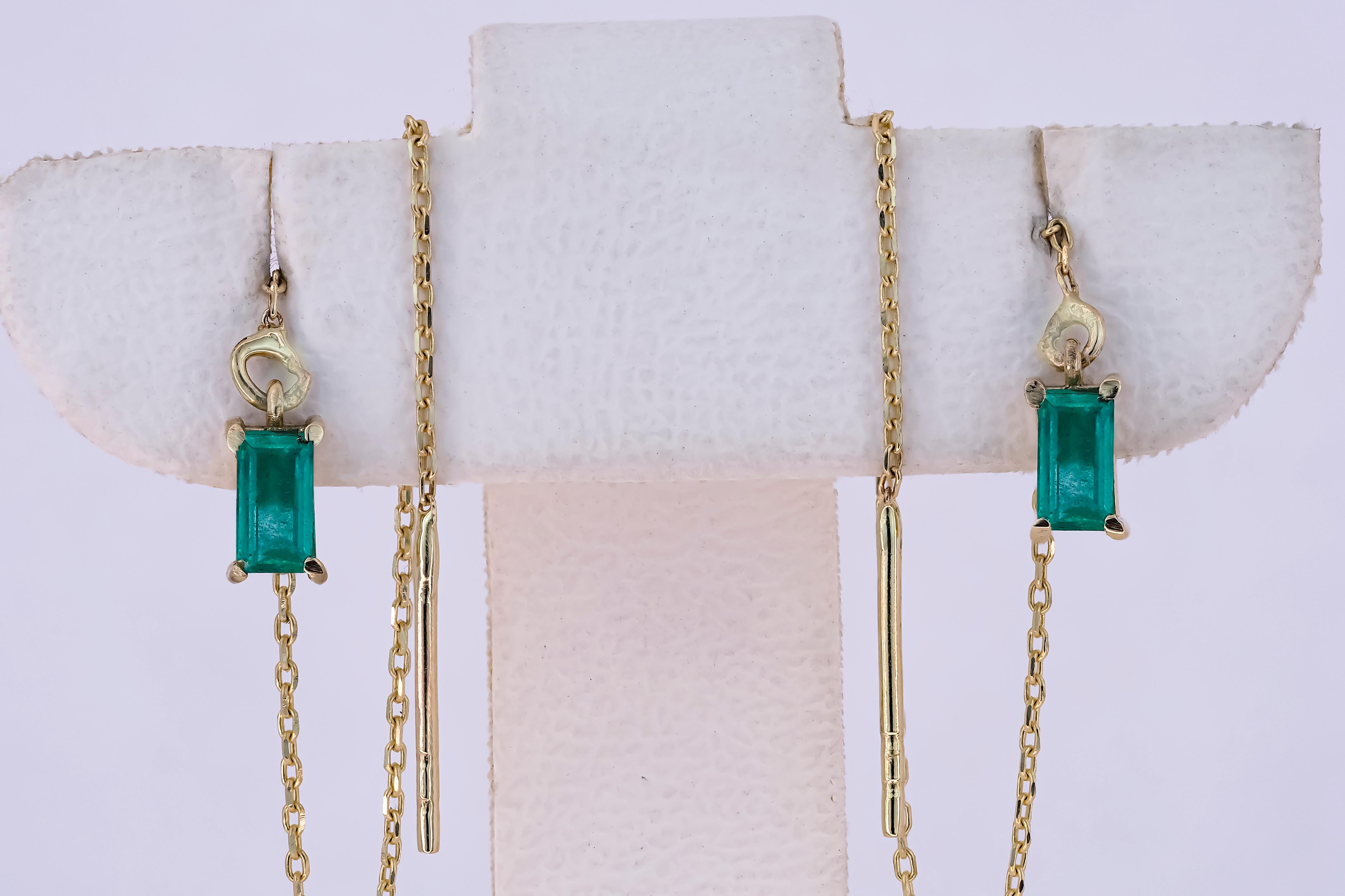 14k Solid Gold Drop Earrings with emeralds.  Chain Gold Earrings For Sale 3