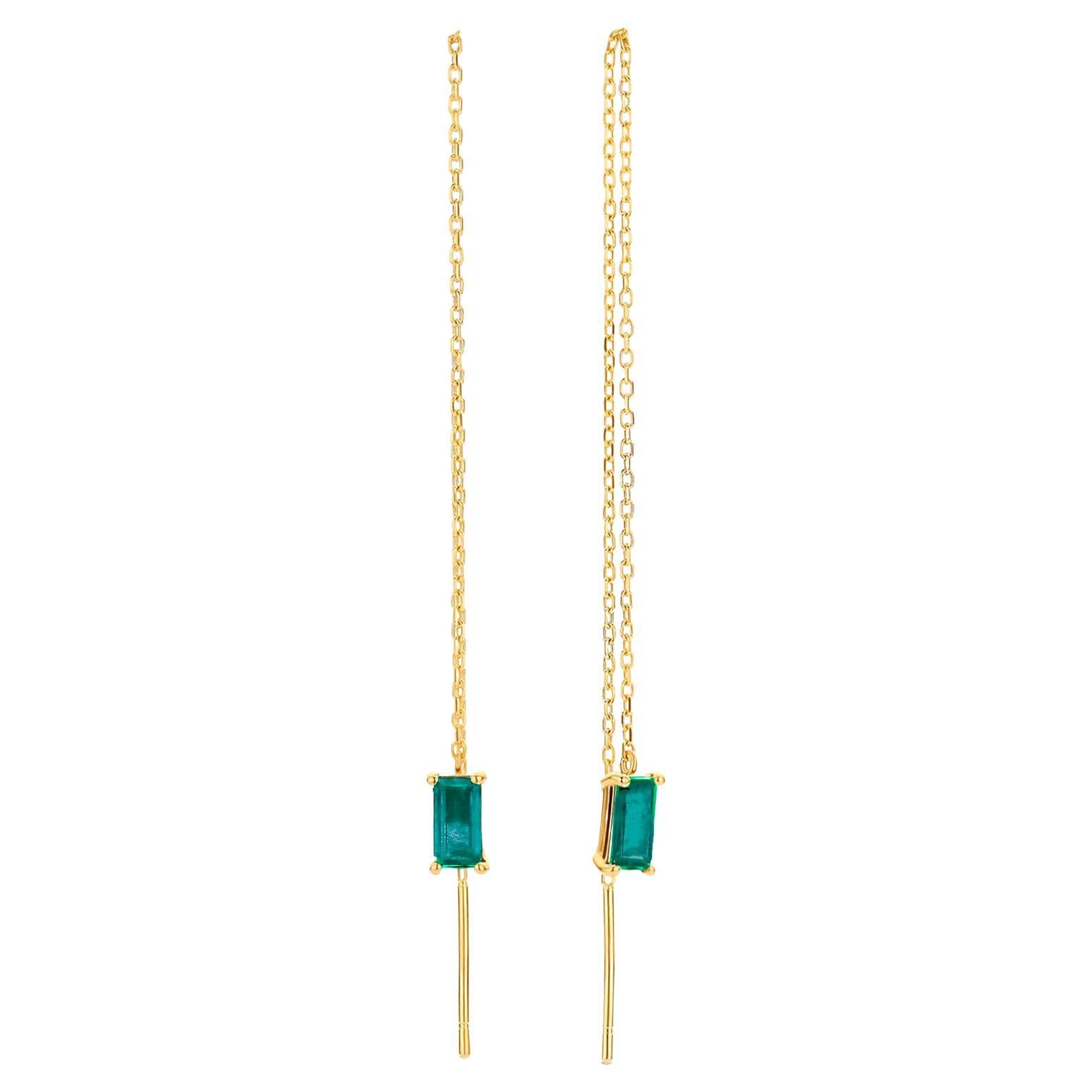 14k Solid Gold Drop Earrings with Emeralds, Chain Gold Earrings For Sale 3
