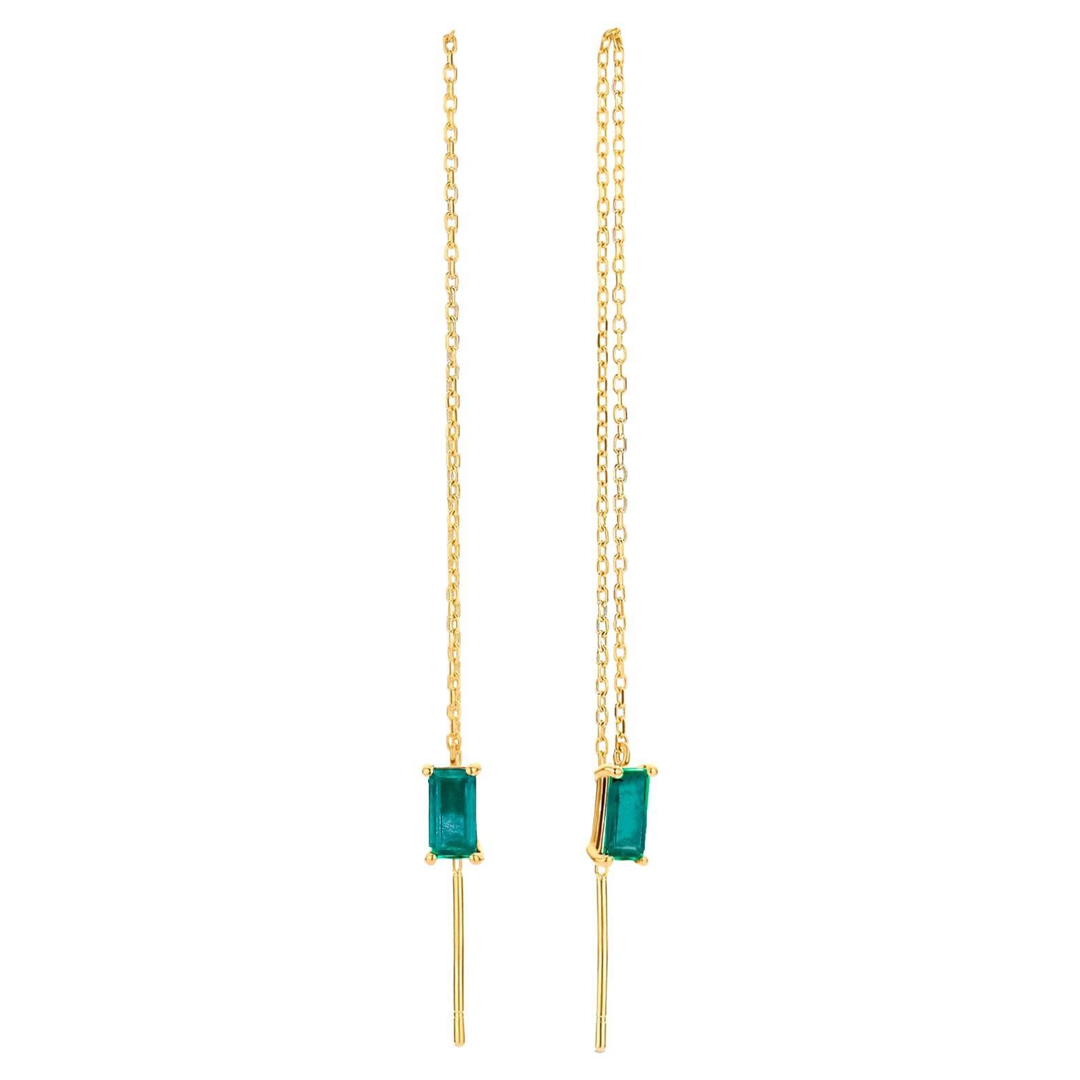 14k Solid Gold Drop Earrings with emeralds.  Chain Gold Earrings For Sale