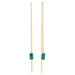 14k Solid Gold Drop Earrings with emeralds.  Chain Gold Earrings