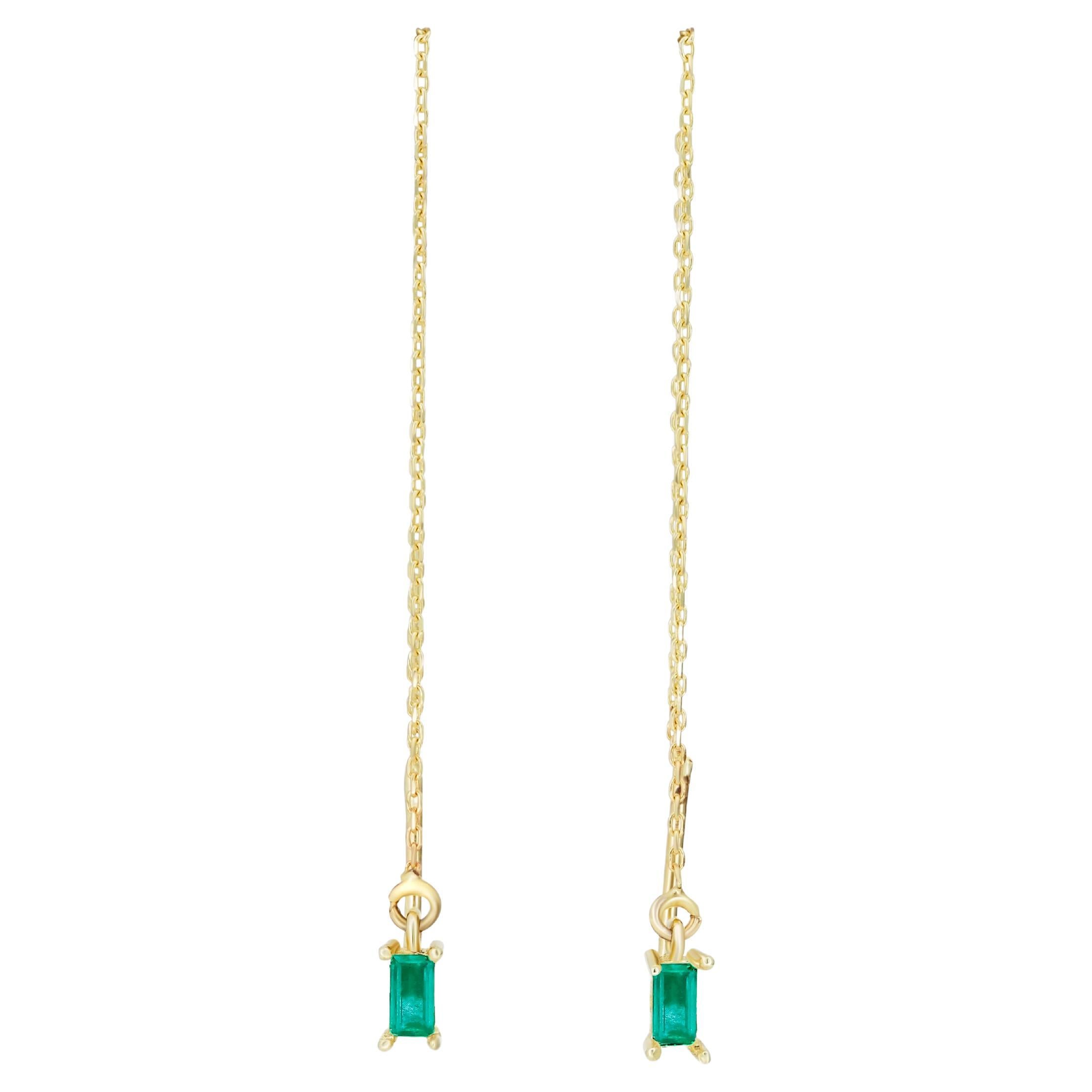 14k Solid Gold Drop Earrings with Emeralds, Chain Gold Earrings For Sale