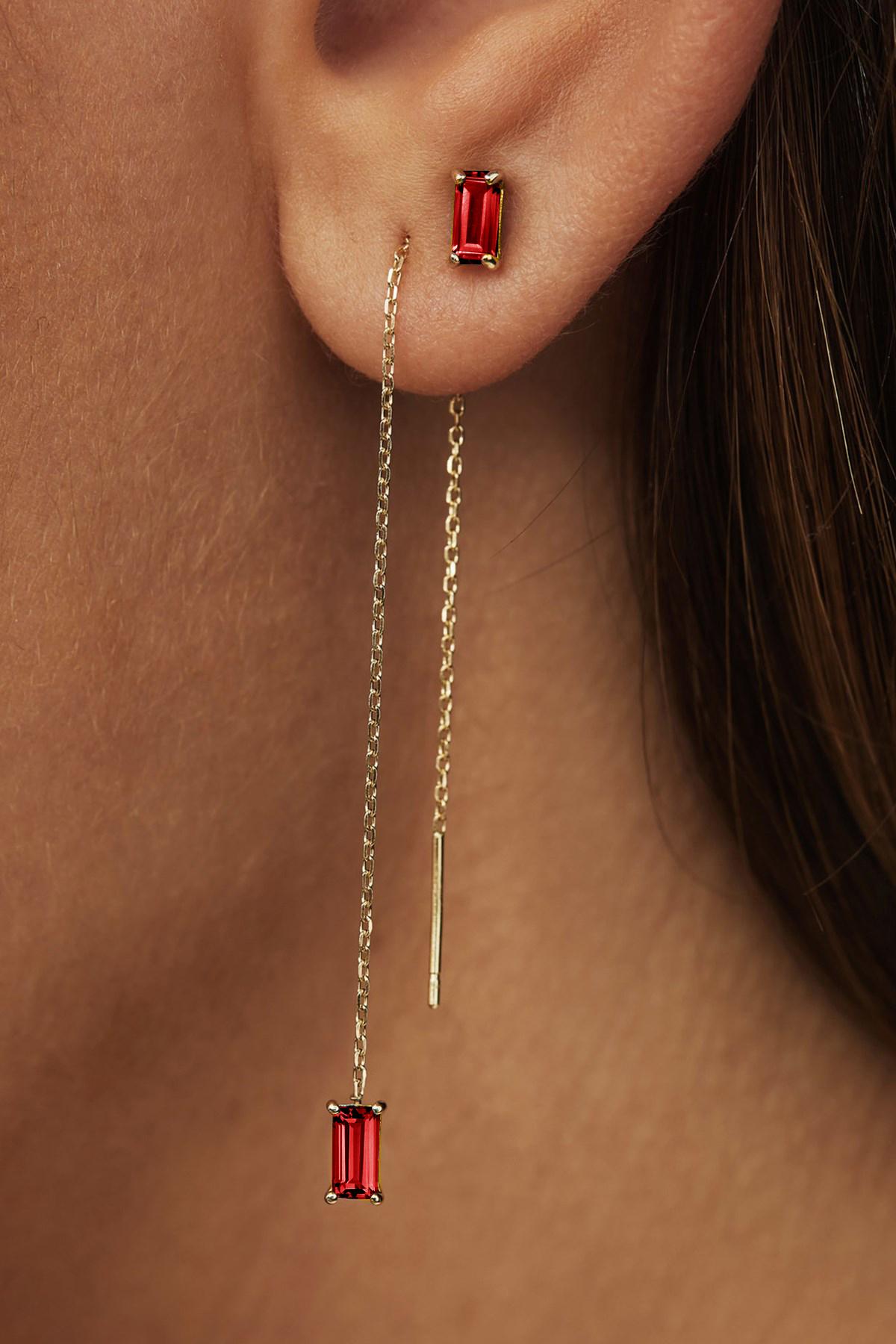 Baguette Cut 14k Solid Gold Drop Earrings with Garnet, Chain Gold Earrings For Sale