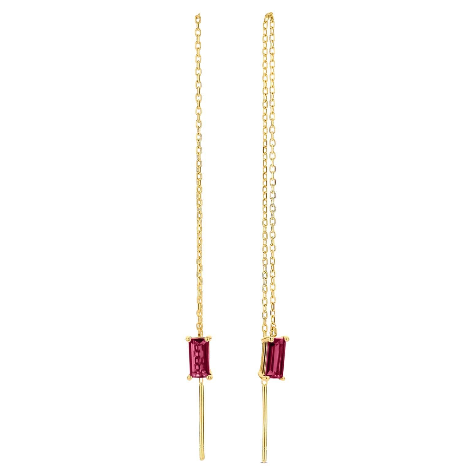 14k Solid Gold Drop Earrings with Garnet, Chain Gold Earrings For Sale