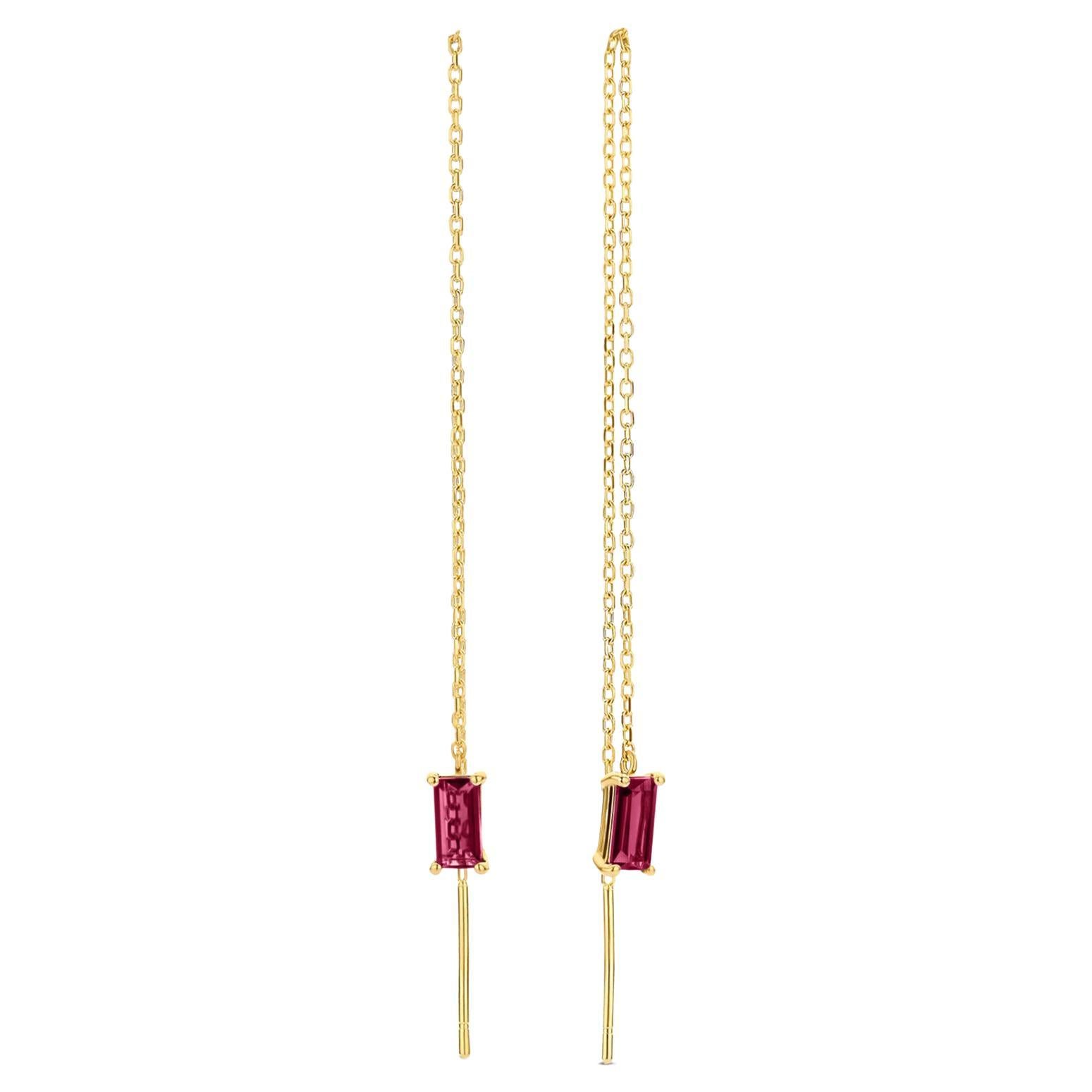 14k Solid Gold Drop Earrings with Garnet, Chain Gold Earrings