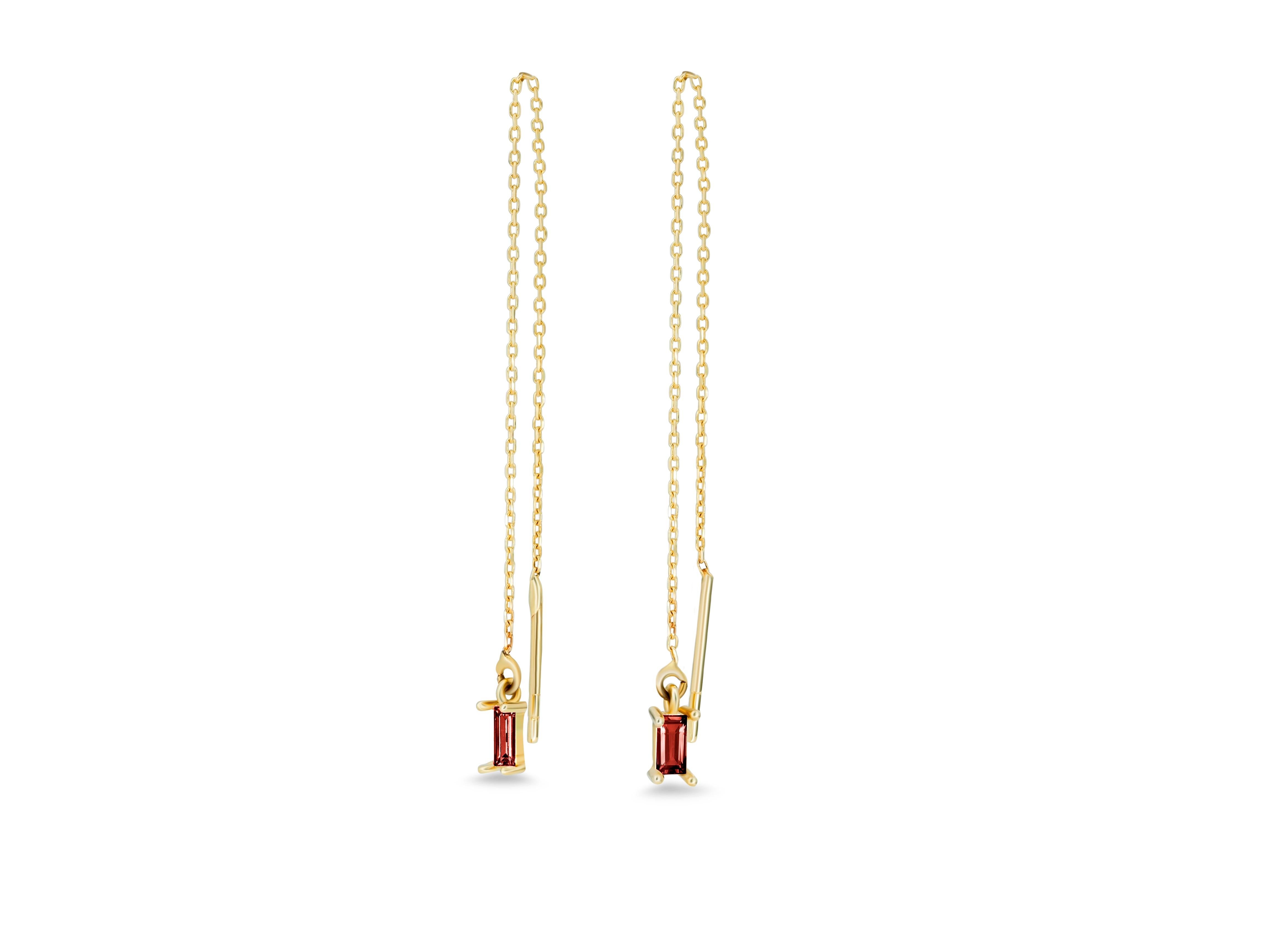 14k solid gold drop earrings with garnets. 
Natural garnet solid gold earrings. Chain earrings.Baguette Earrings Dangle.

Metal: 14 karat gold
Weight: 0.8-0.9 g.
Size: 6.5-6.8 sm.

Central stones: Natural garnets 2 pieces
Cut: baguette
Weight: