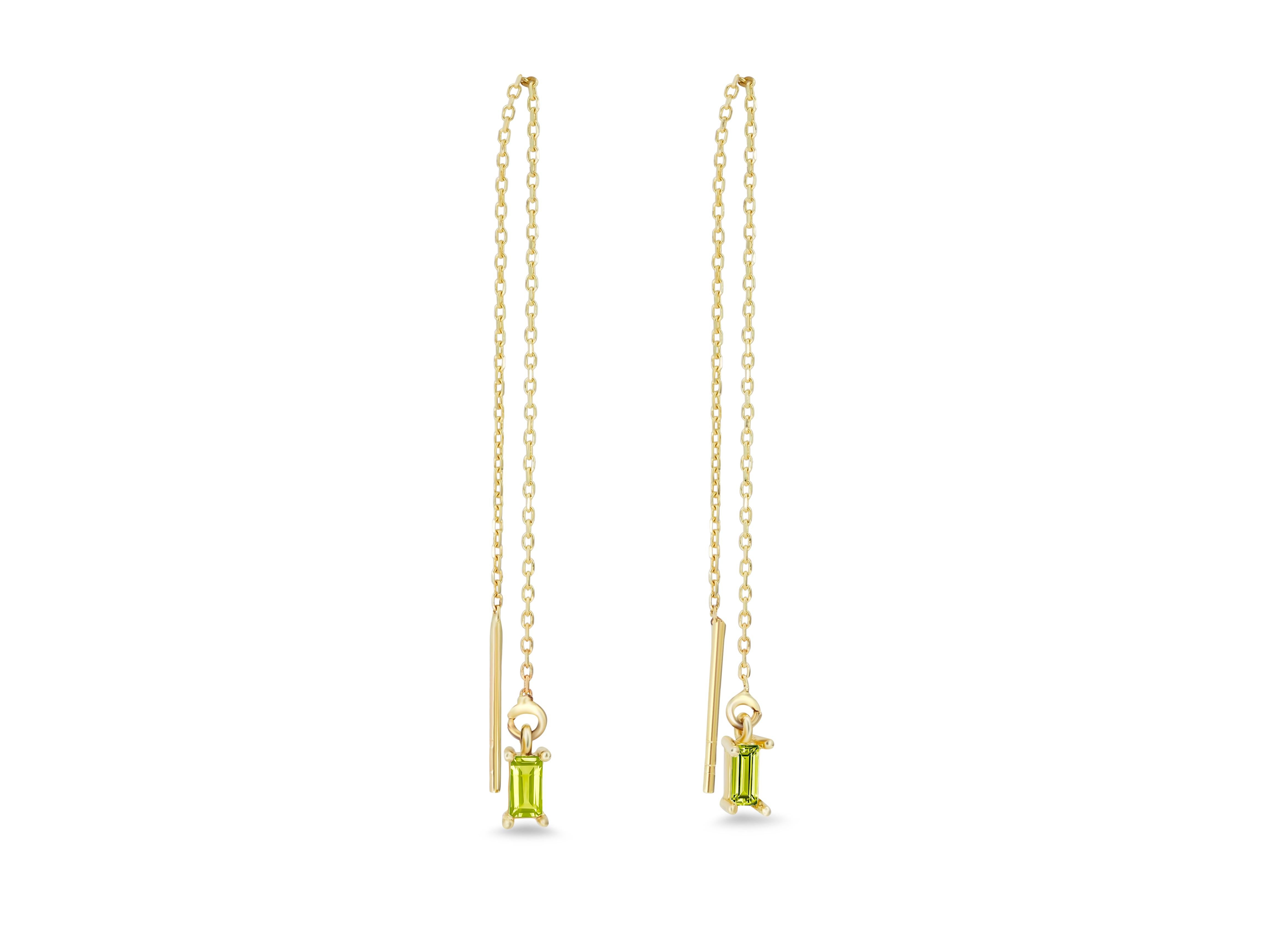 14k Solid Gold Drop Earrings with Peridot, Chain Gold Earrings In New Condition For Sale In Istanbul, TR