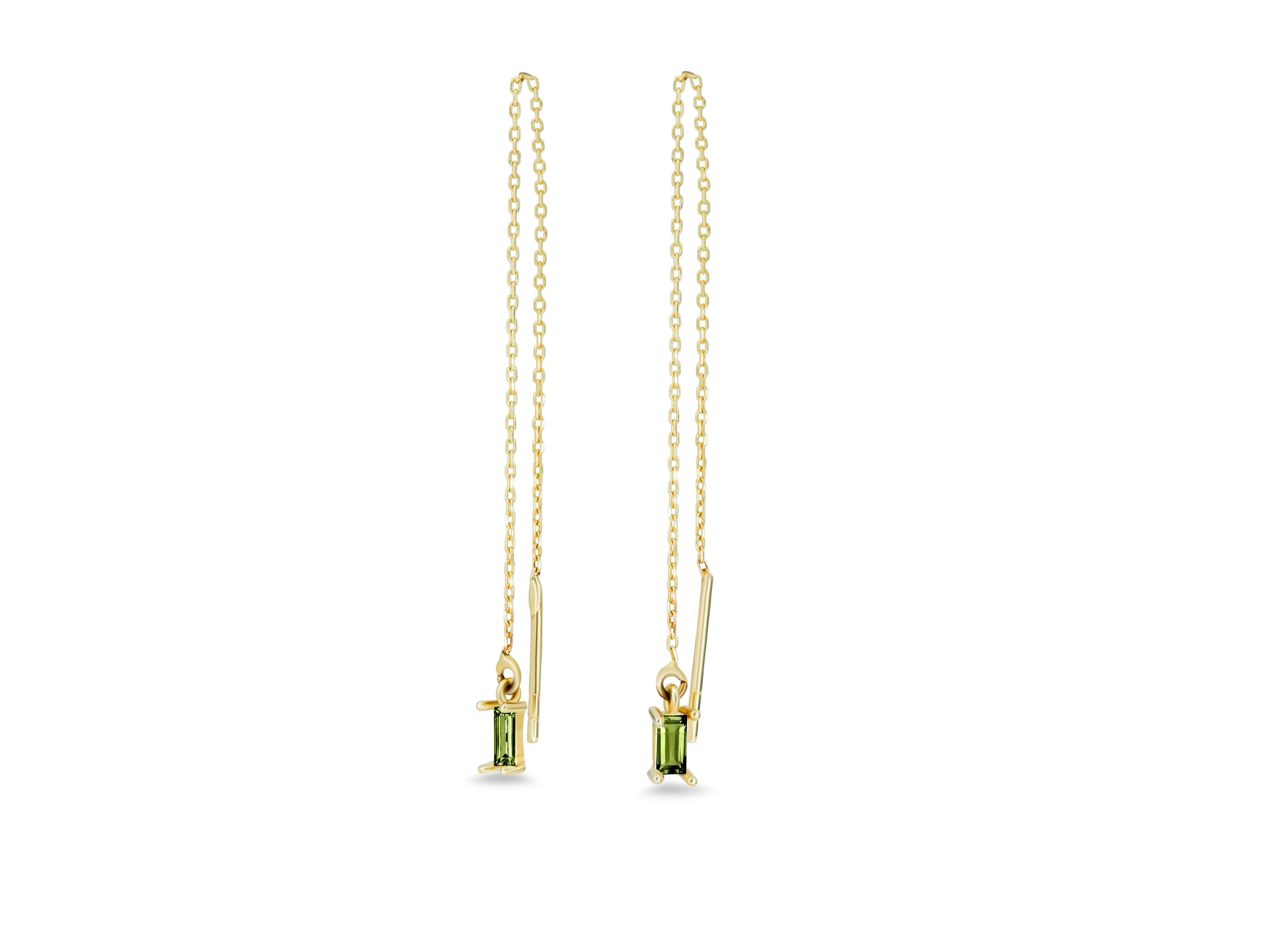 Women's 14k Solid Gold Drop Earrings with peridot.  Chain Gold Earrings For Sale