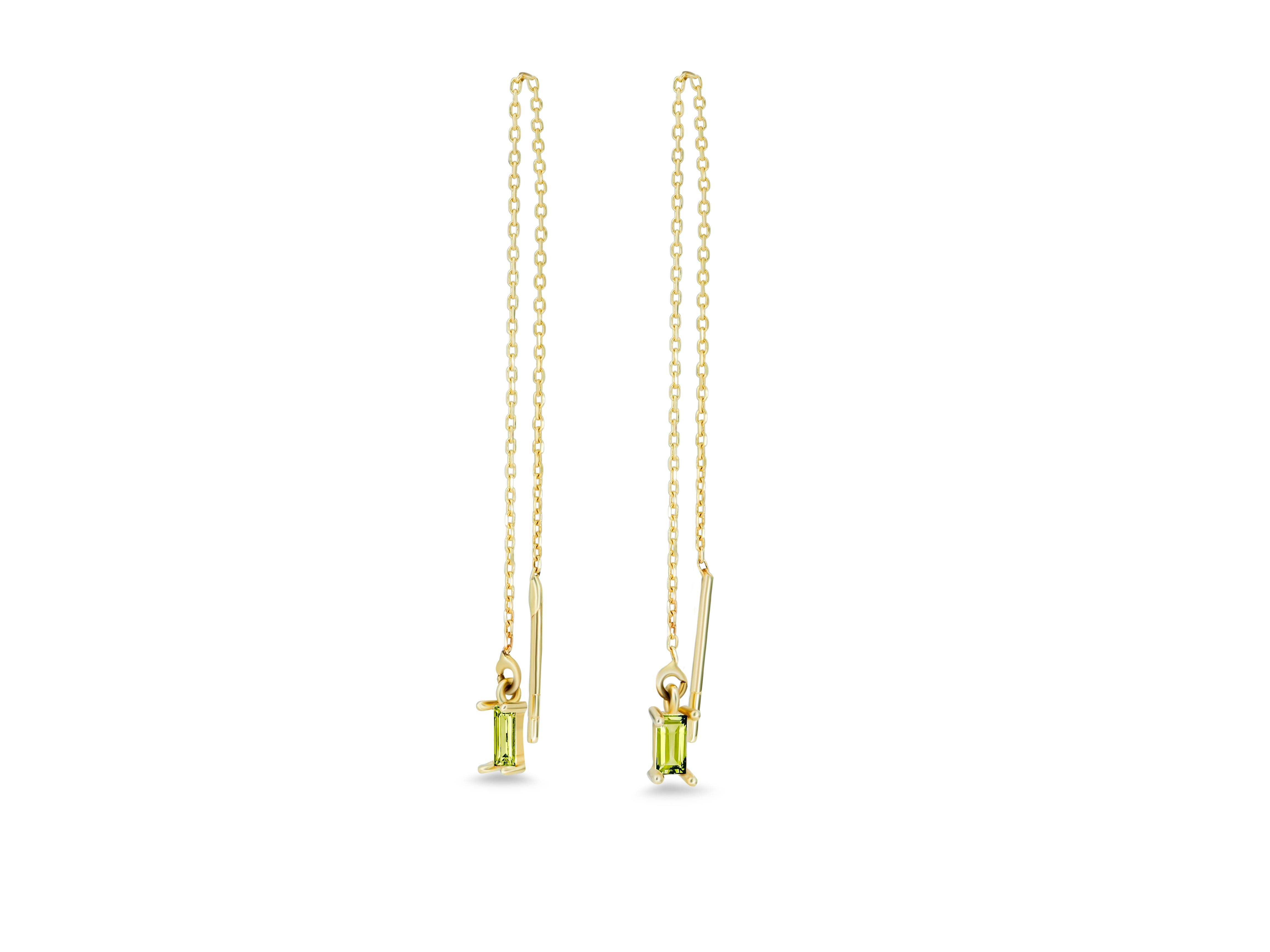 Baguette Cut 14k Solid Gold Drop Earrings with Peridot, Chain Gold Earrings For Sale