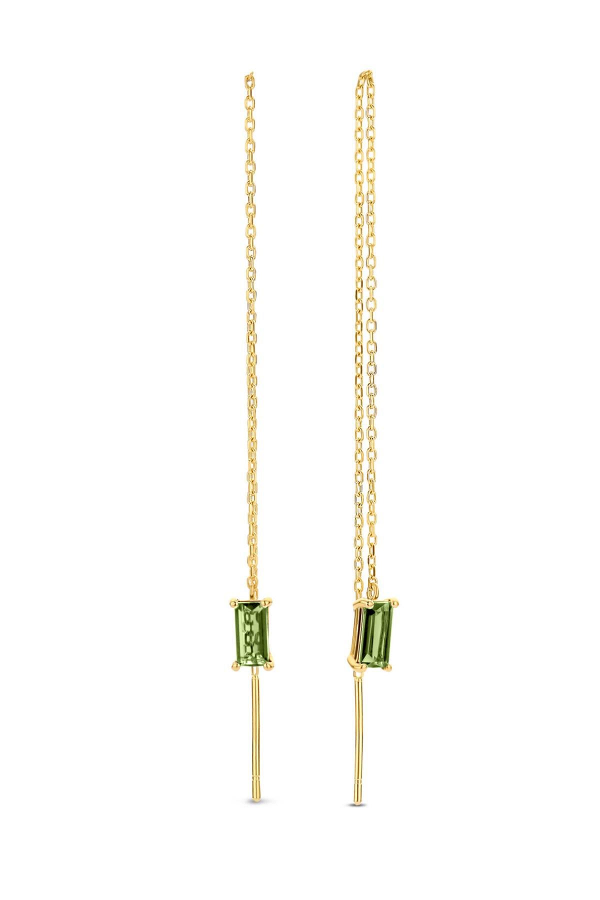 Modern 14k solid gold drop earrings with peridots.  For Sale