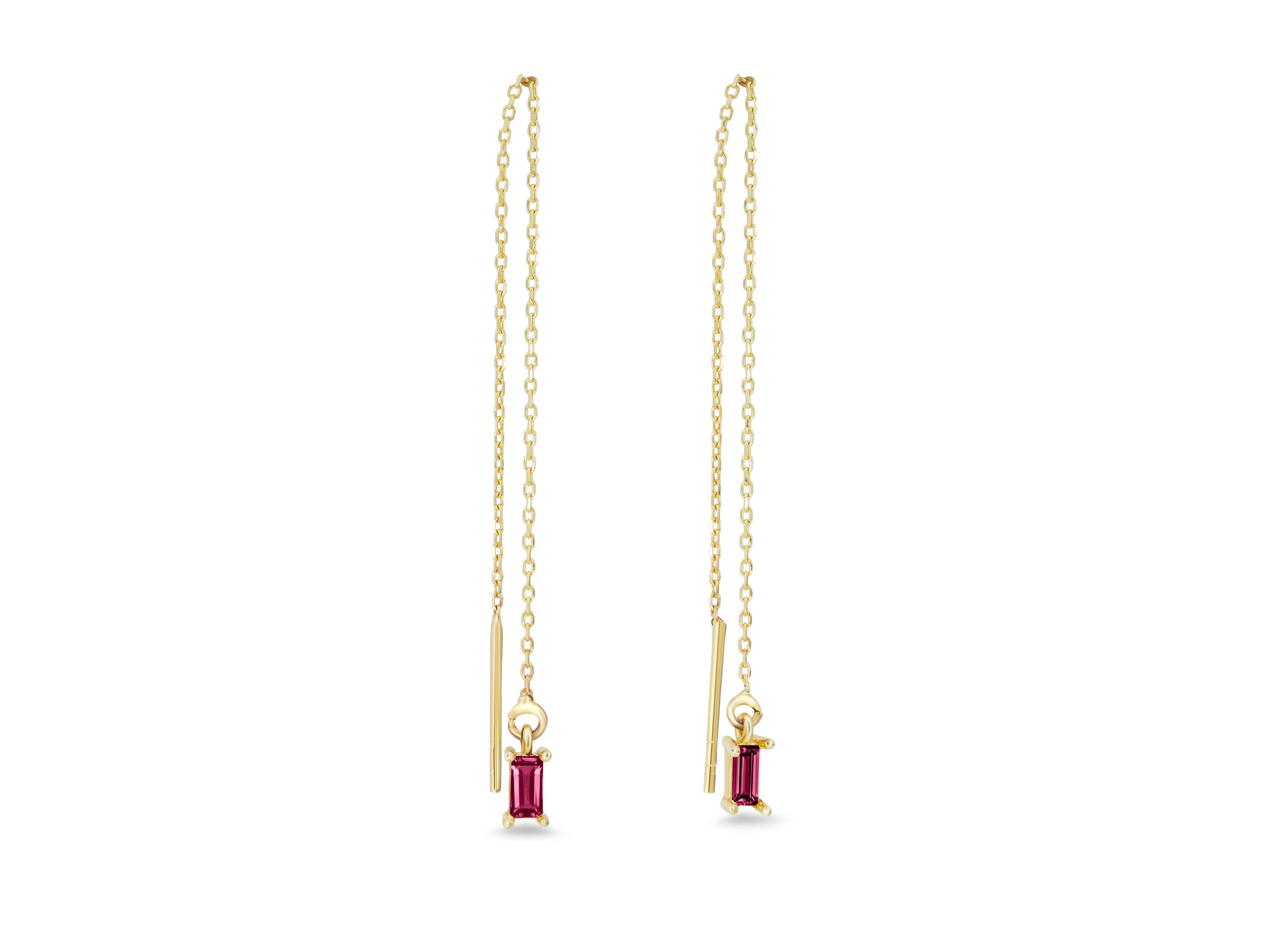 14k Solid Gold Drop Earrings with rubies. 
Chain Gold Earrings. Rubies Drop Gold Threaders. Ruby gold earrings. Baguette earrings.

Metal: 14 karat yellow gold
Weight: 0.8-0.9 g.
Size: 6.5-6.8 sm
Central stones: Natural rubies 2 pieces
Cut: