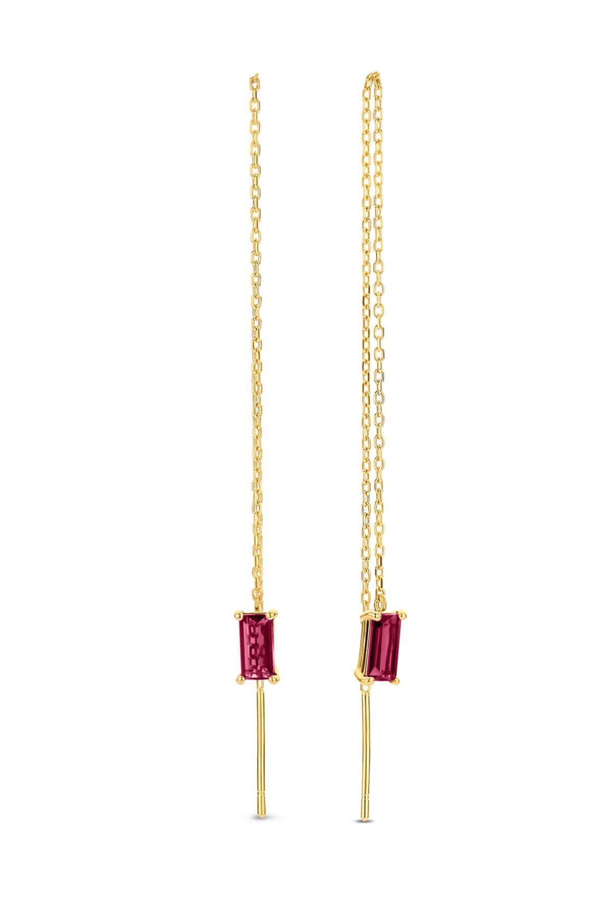 Modern 14k Solid Gold Drop Earrings with rubies.  For Sale