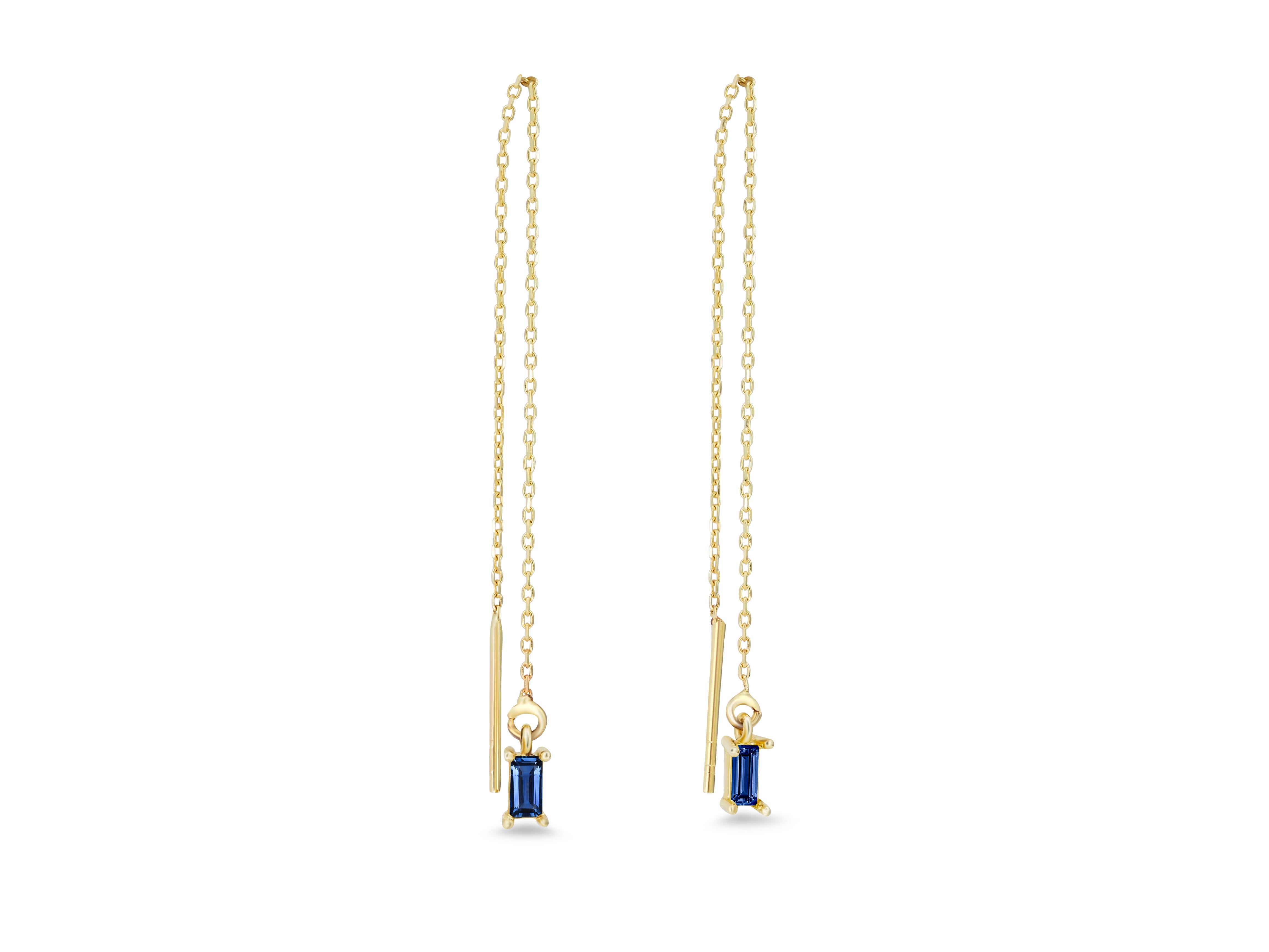 14k Solid Gold Drop Earrings with sapphire. 
Chain Gold Earrings. Sapphire Drop Gold Threaders. Sapphire gold earrings. Baguette earrings.

Metal: 14k gold
Weight: 0.8-0.9 g.
Size: 6.5-6.8 sm.

Central stones: Natural sapphires 2 pieces
Cut: