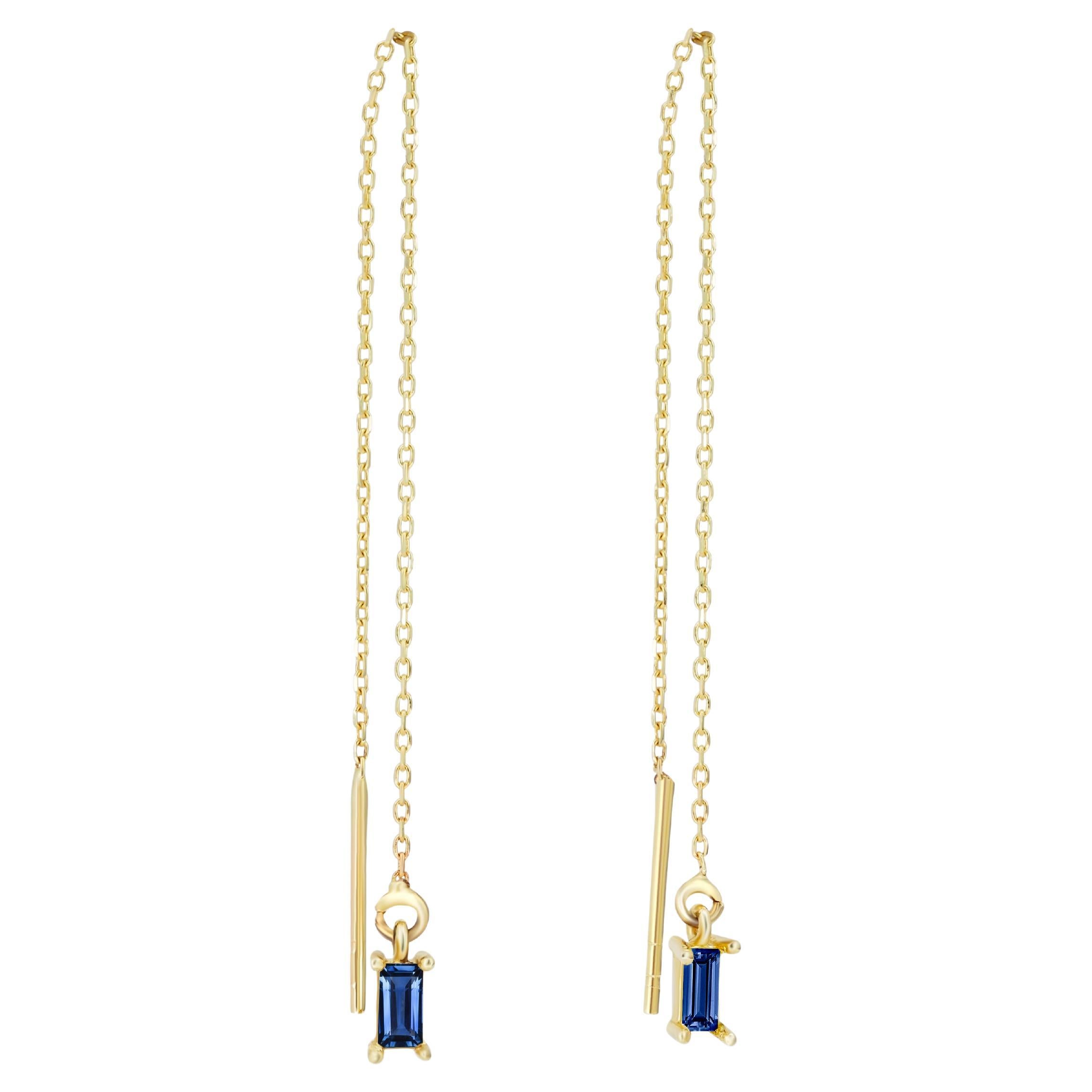 14k Solid Gold Drop Earrings with sapphire.  For Sale