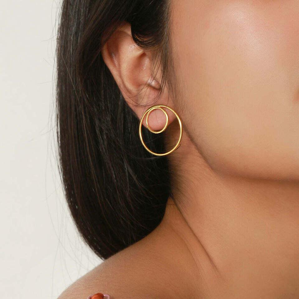 14K Solid Gold Dual Circle Earring Gold Big Hoop Earring Fine Jewelry For Womens For Sale 6