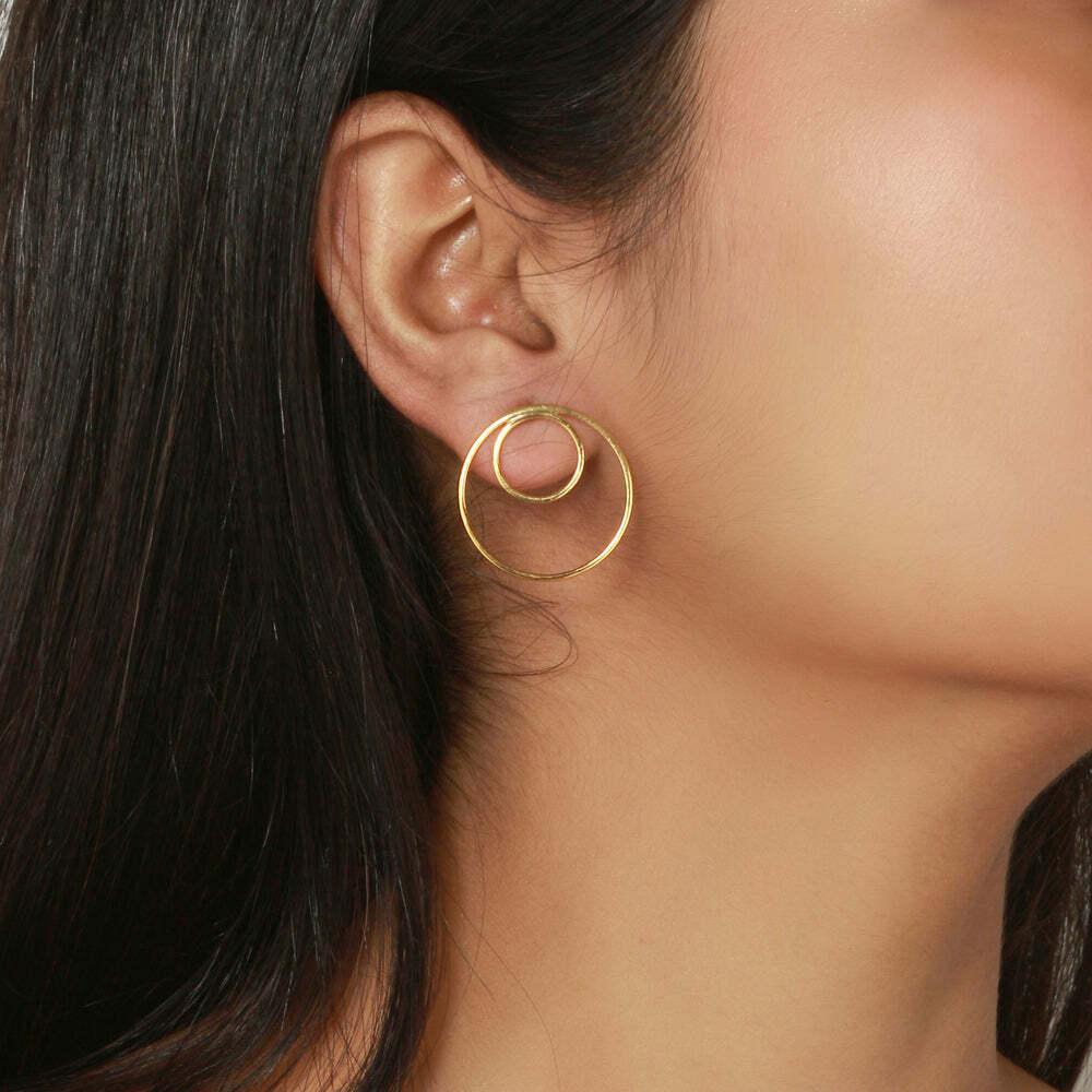 14K Massivgold Dual Circle Ohrring Gold Großer Creolen-Ohrring feiner Schmuck für Damen (Art déco) im Angebot