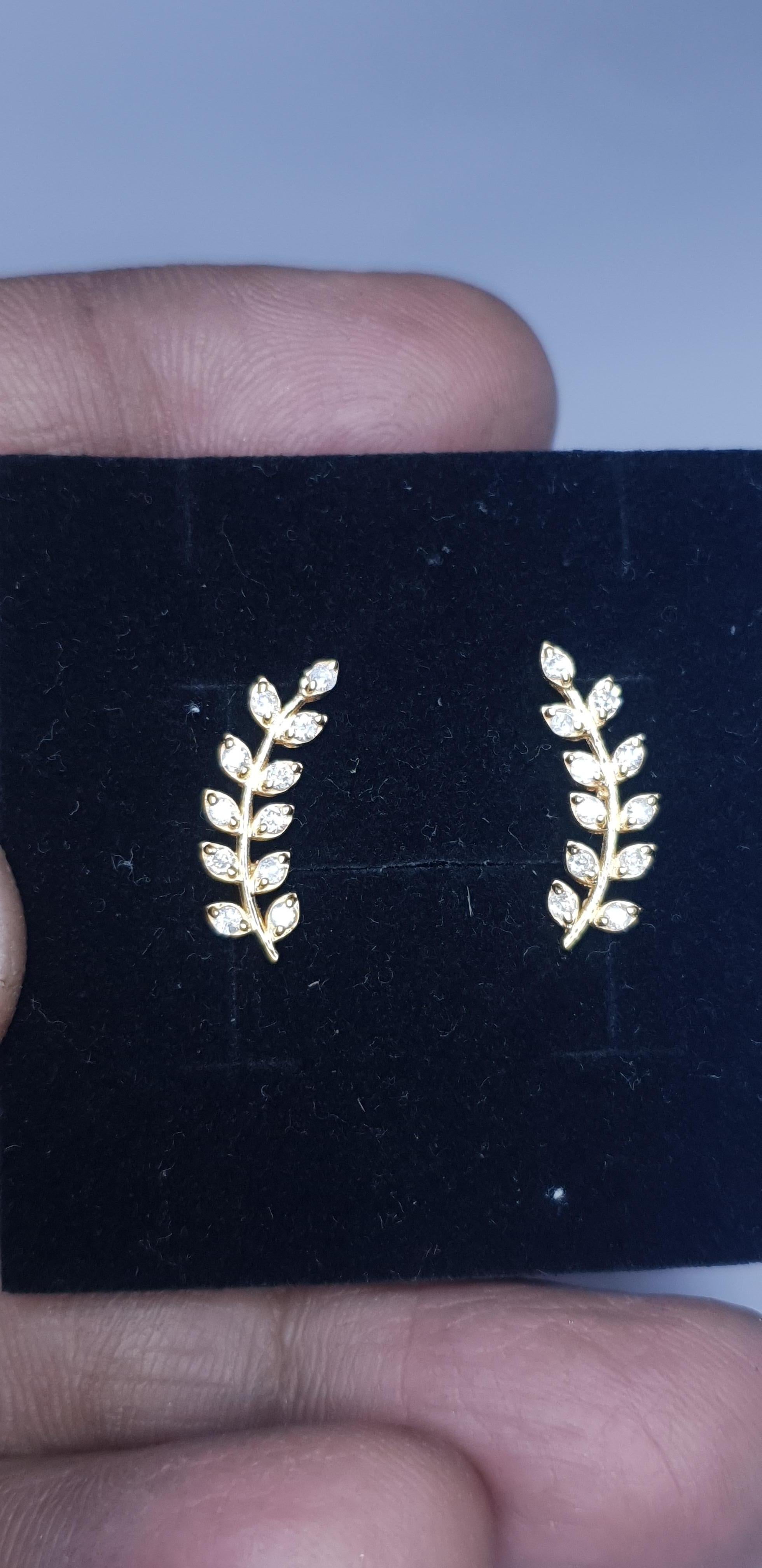14k Solid Gold Ear Cuff Leaf Design Diamond Earrings Studs Leaves Designer Studs For Sale 6