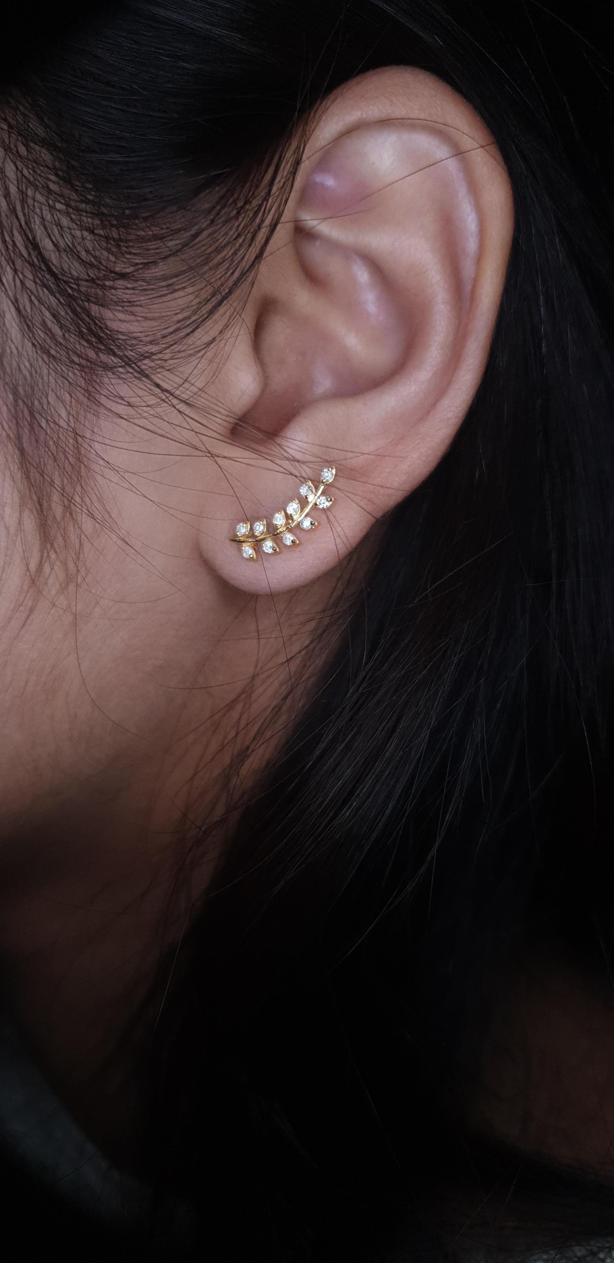 14k Solid Gold Ear Cuff Leaf Design Diamond Earrings Studs Leaves Designer Studs For Sale 7
