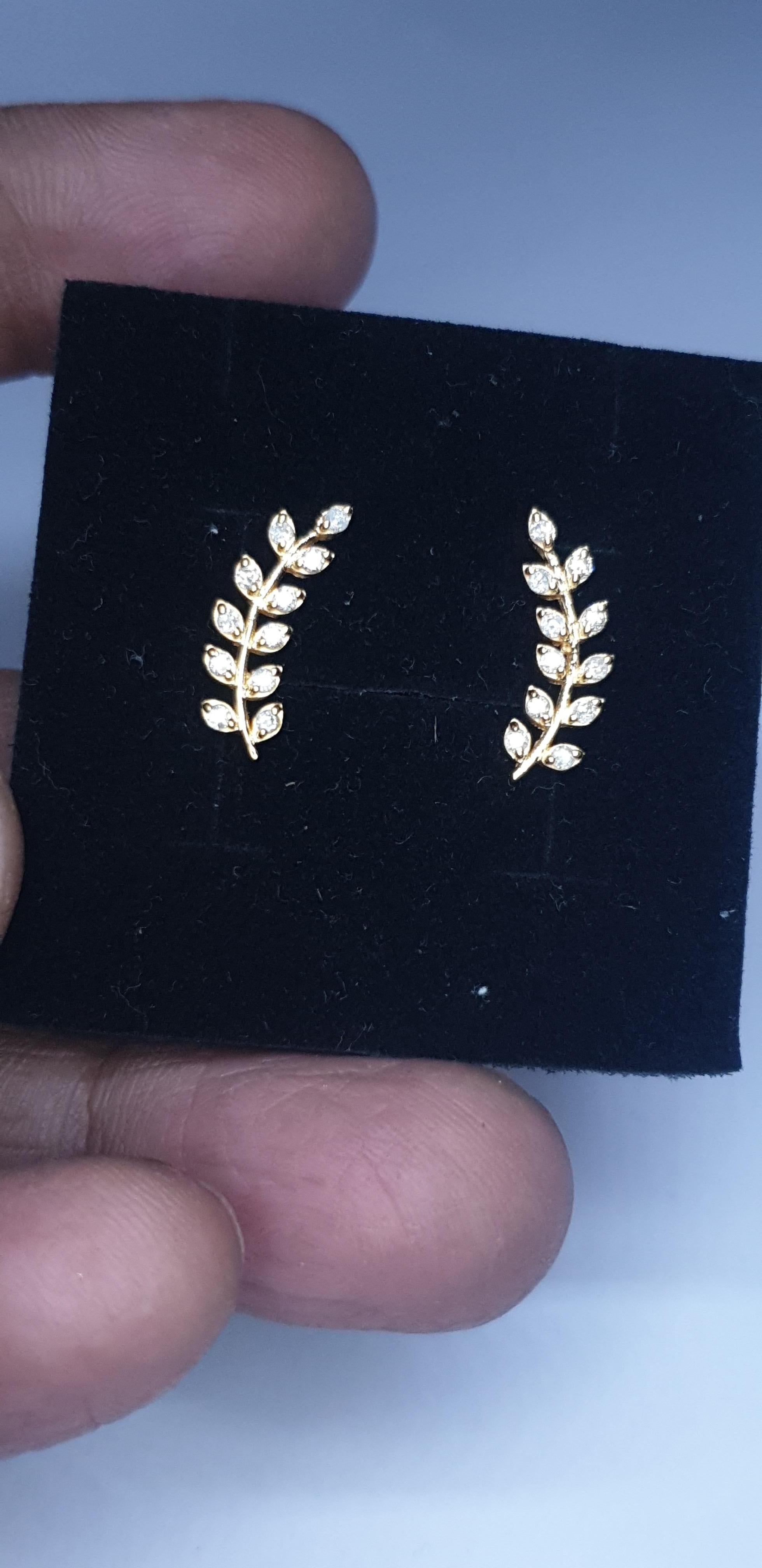 14k Solid Gold Ear Cuff Leaf Design Diamond Earrings Studs Leaves Designer Studs For Sale 8