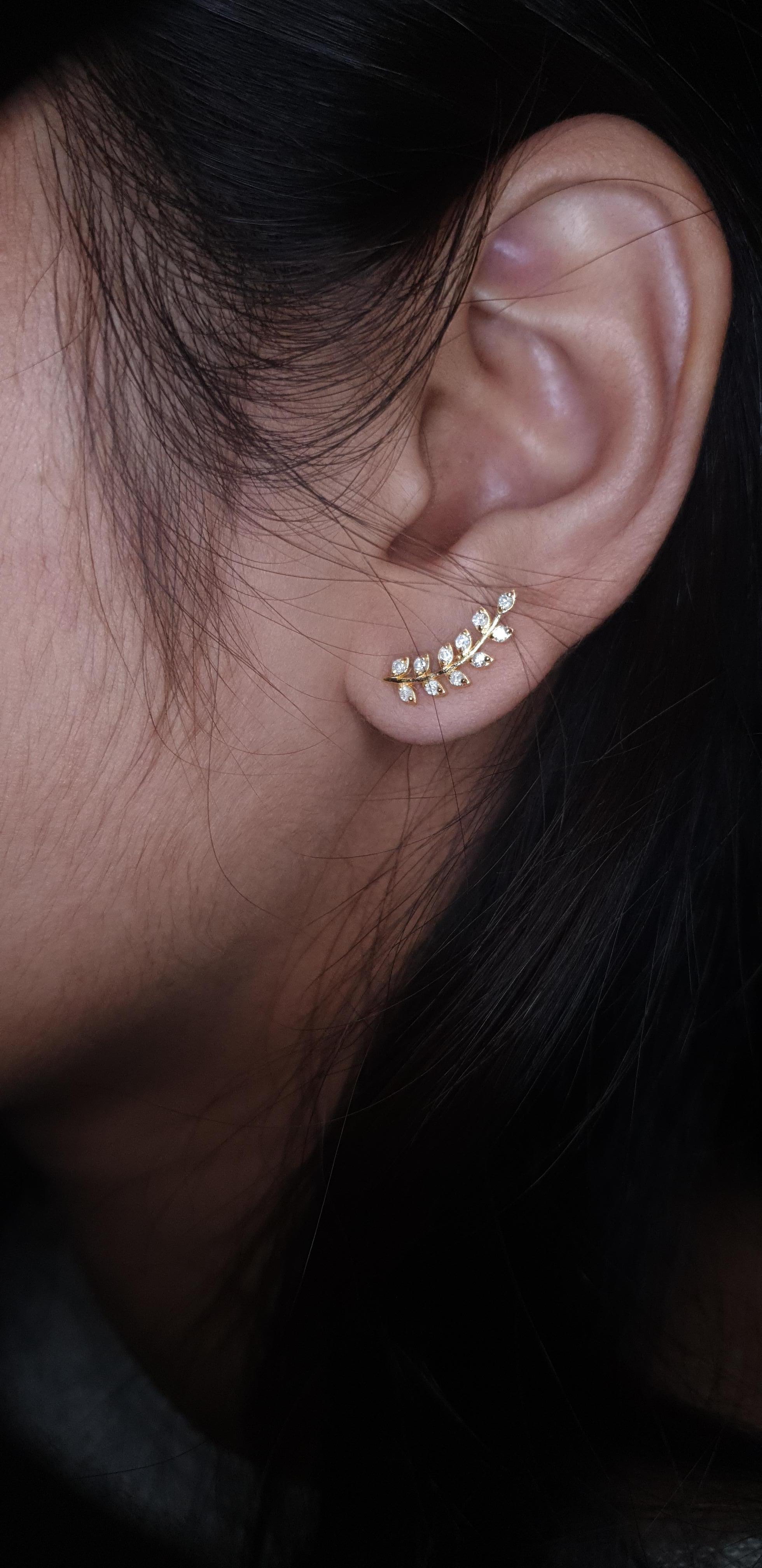 14k Solid Gold Ear Cuff Leaf Design Diamond Earrings Studs Leaves Designer Studs For Sale 9