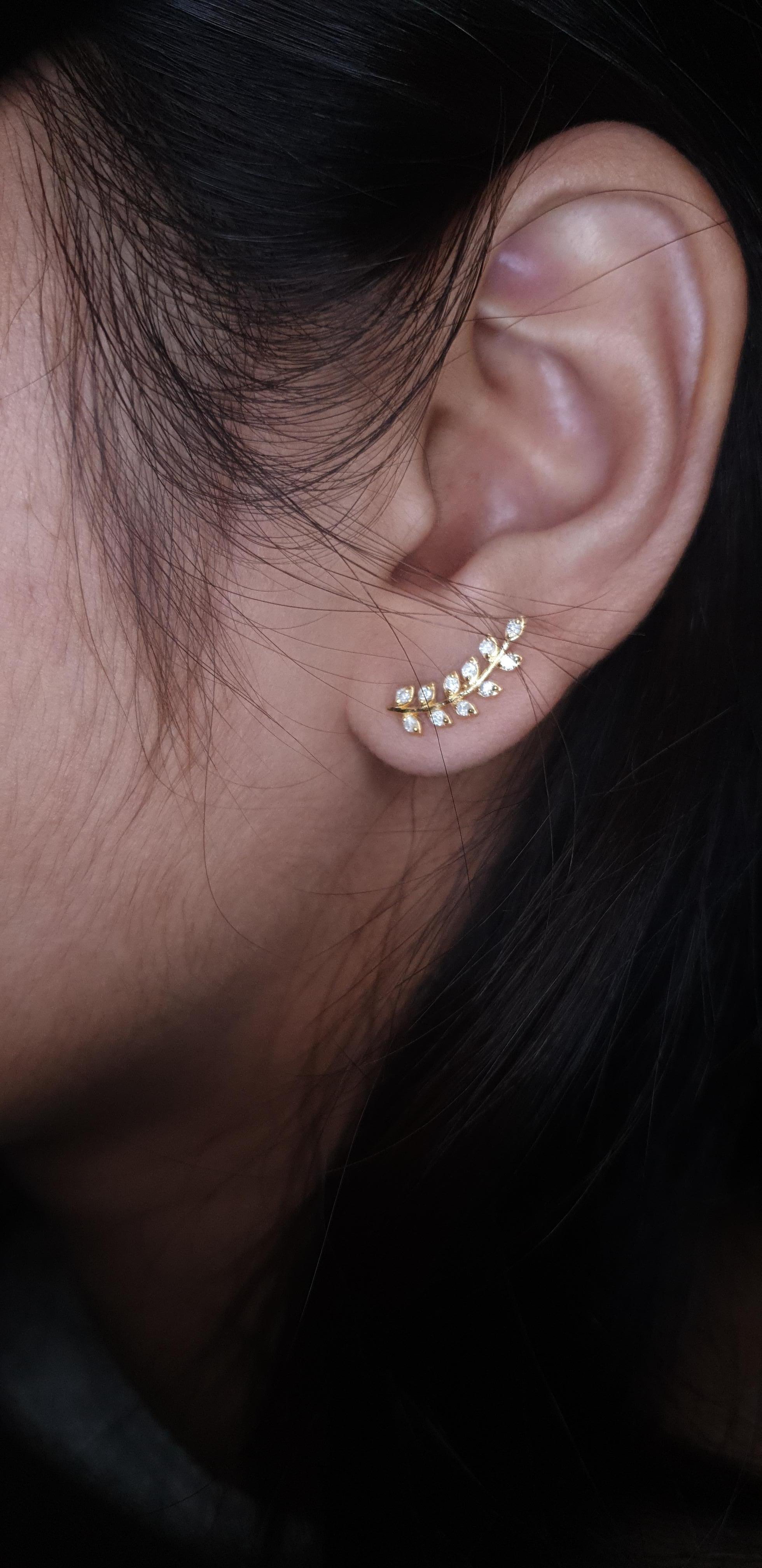 14k Solid Gold Ear Cuff Leaf Design Diamond Earrings Studs Leaves Designer Studs For Sale 10