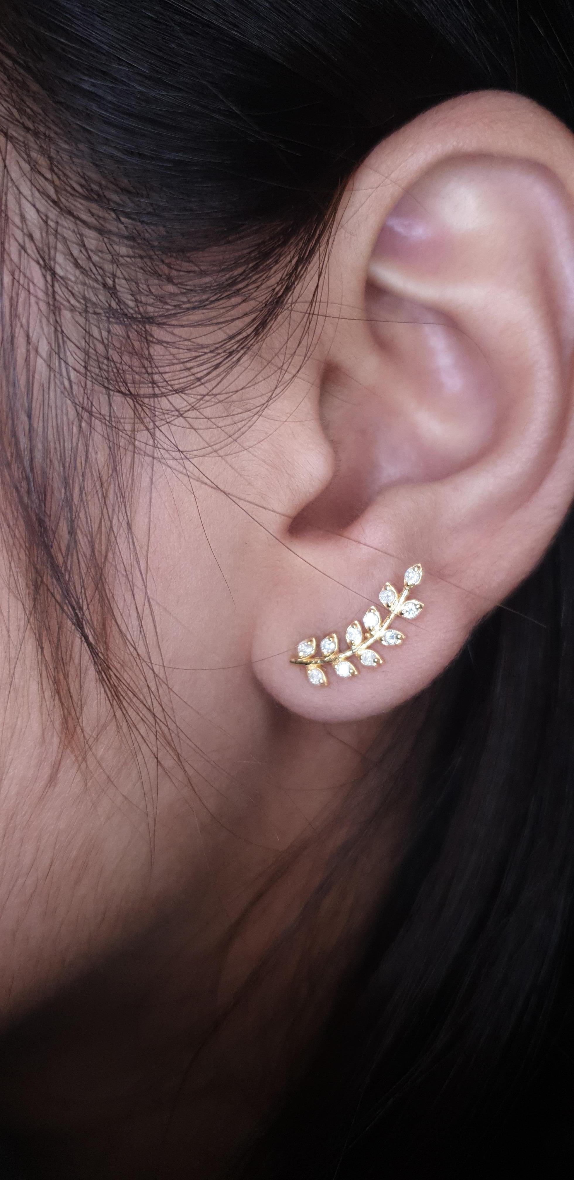 14k Solid Gold Ear Cuff Leaf Design Diamond Earrings Studs Leaves Designer Studs For Sale 11