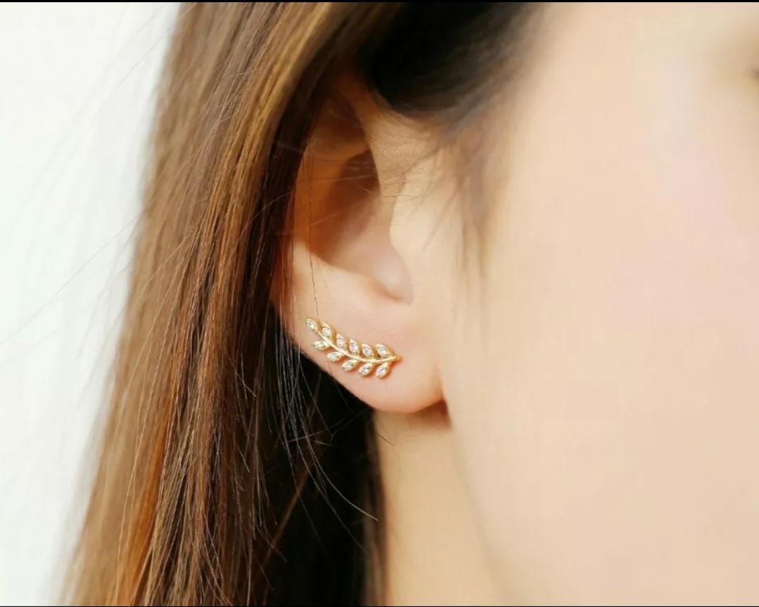 Art Deco 14k Solid Gold Ear Cuff Leaf Design Diamond Earrings Studs Leaves Designer Studs For Sale