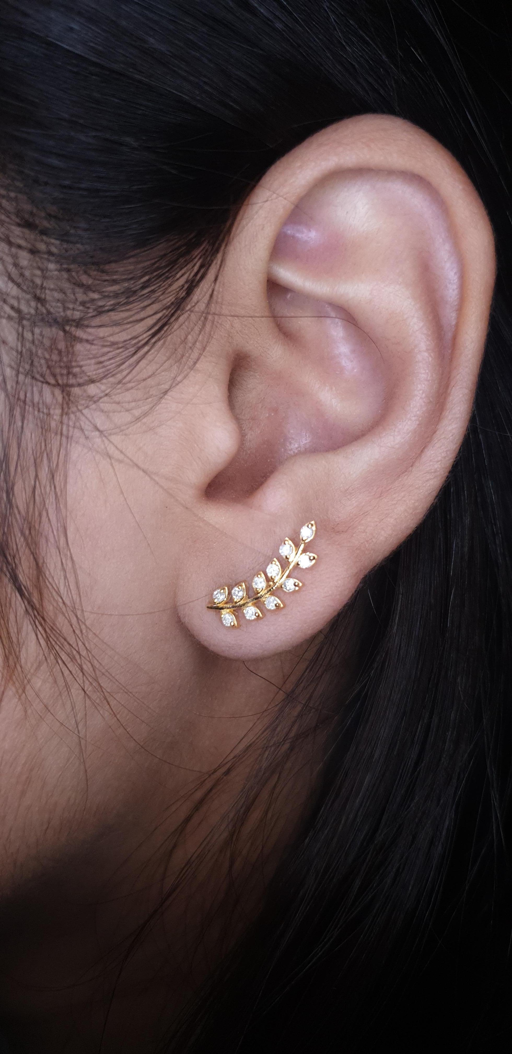 Women's or Men's 14k Solid Gold Ear Cuff Leaf Design Diamond Earrings Studs Leaves Designer Studs For Sale