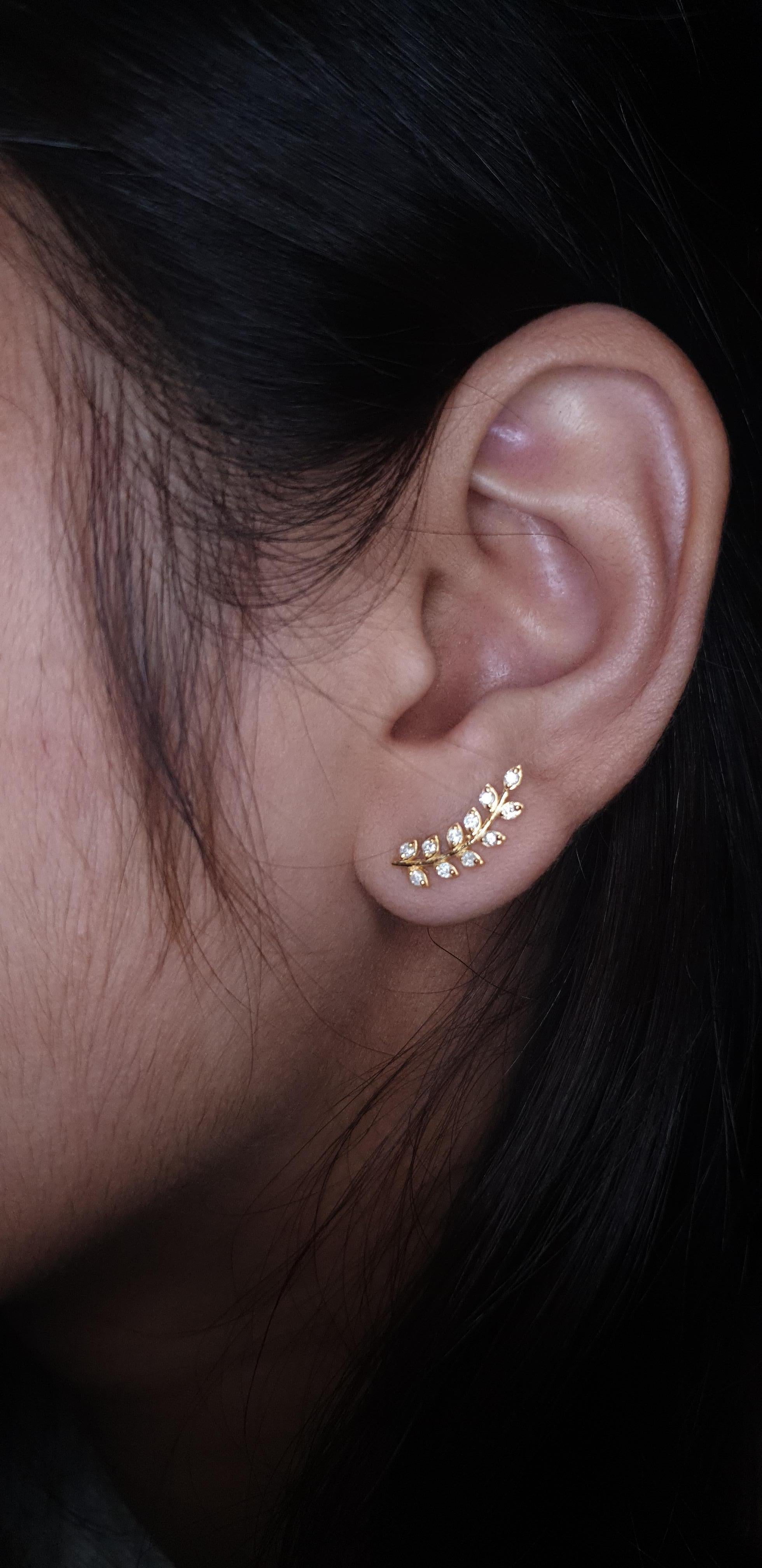 14k Solid Gold Ear Cuff Leaf Design Diamond Earrings Studs Leaves Designer Studs For Sale 1