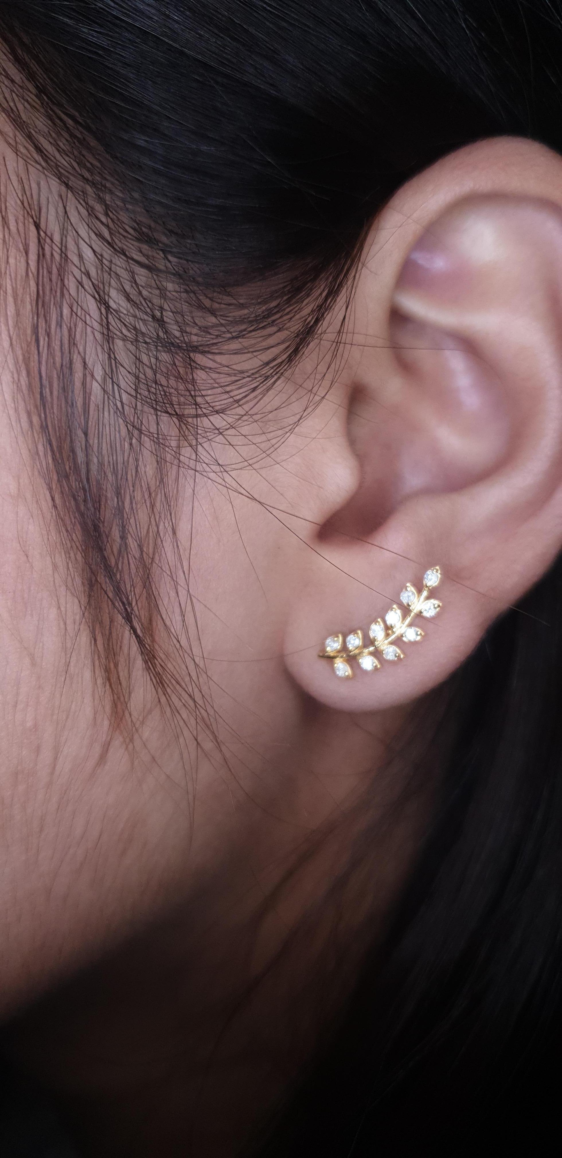 14k Solid Gold Ear Cuff Leaf Design Diamond Earrings Studs Leaves Designer Studs For Sale 2