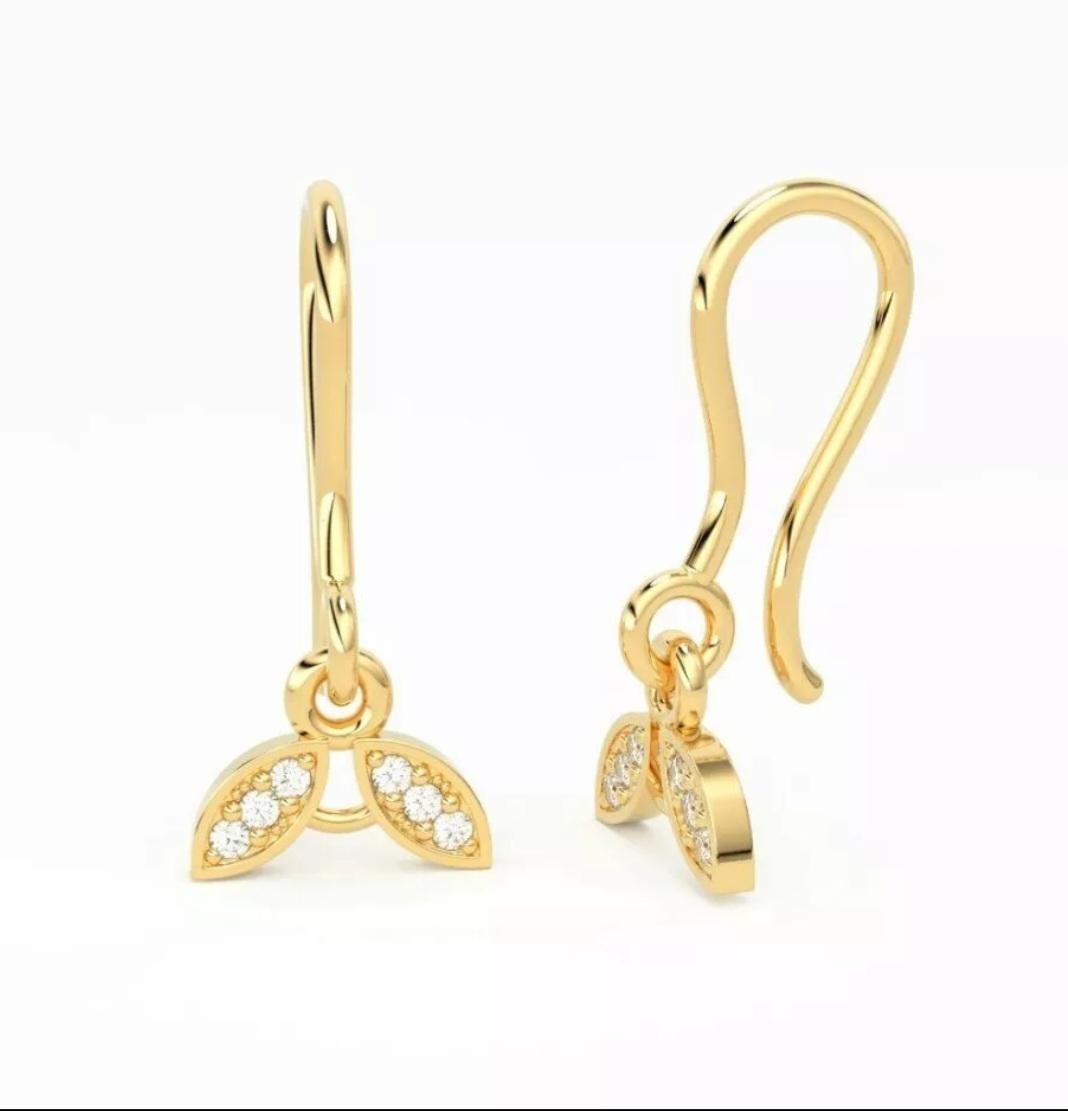 Orecchini in oro massiccio 14K con diamante a doppia foglia, piccoli ganci per orecchio 1 paio in vendita 1